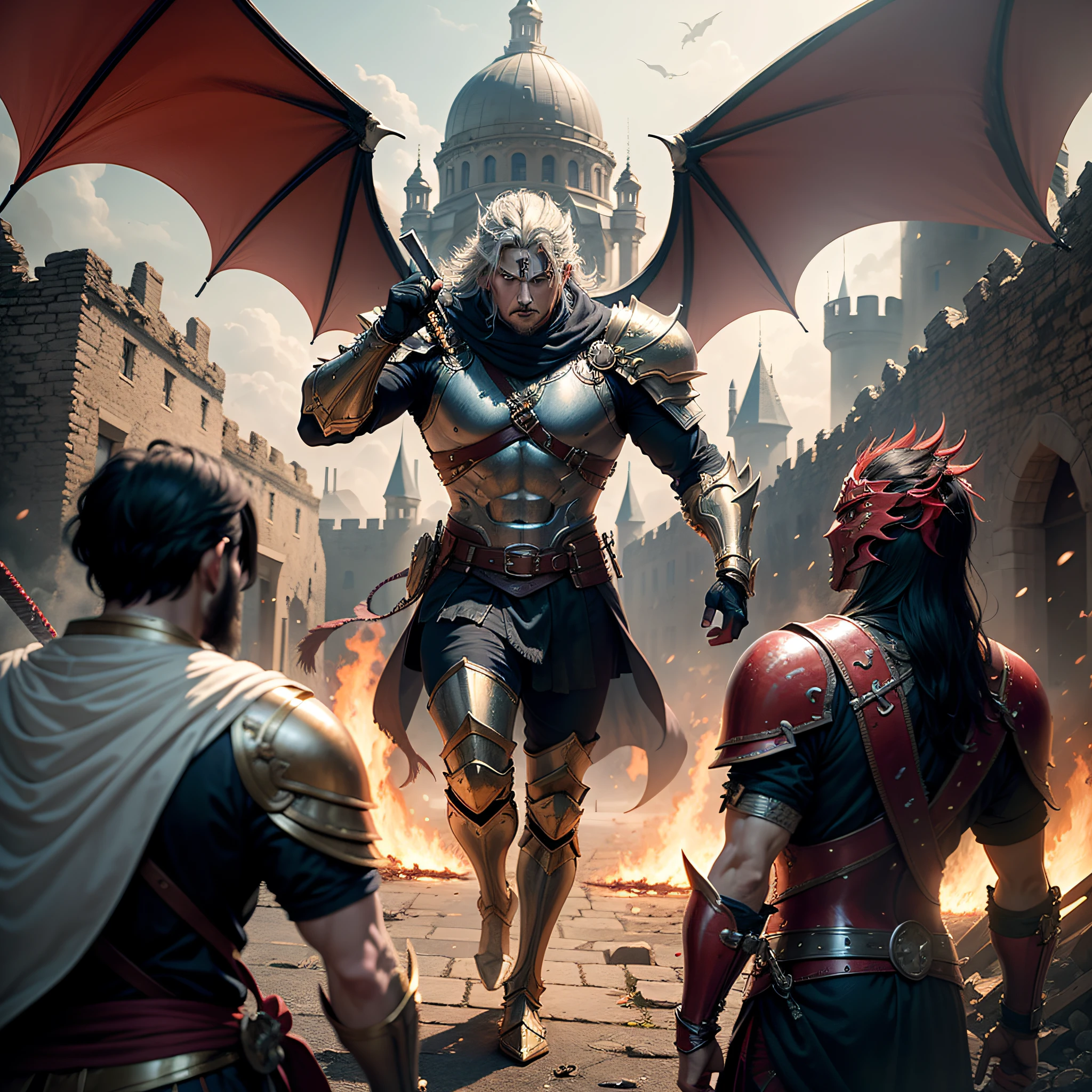 The fate of the kingdom In the chaotic setting of a burning castle, a legendary warrior emerges, a shining golden armor. With his sword and shield in hand, he faces a red dragon in a decisive confrontation. The scene evokes a mixture of heroism and tragedy, capturing the fate of the kingdom at stake.