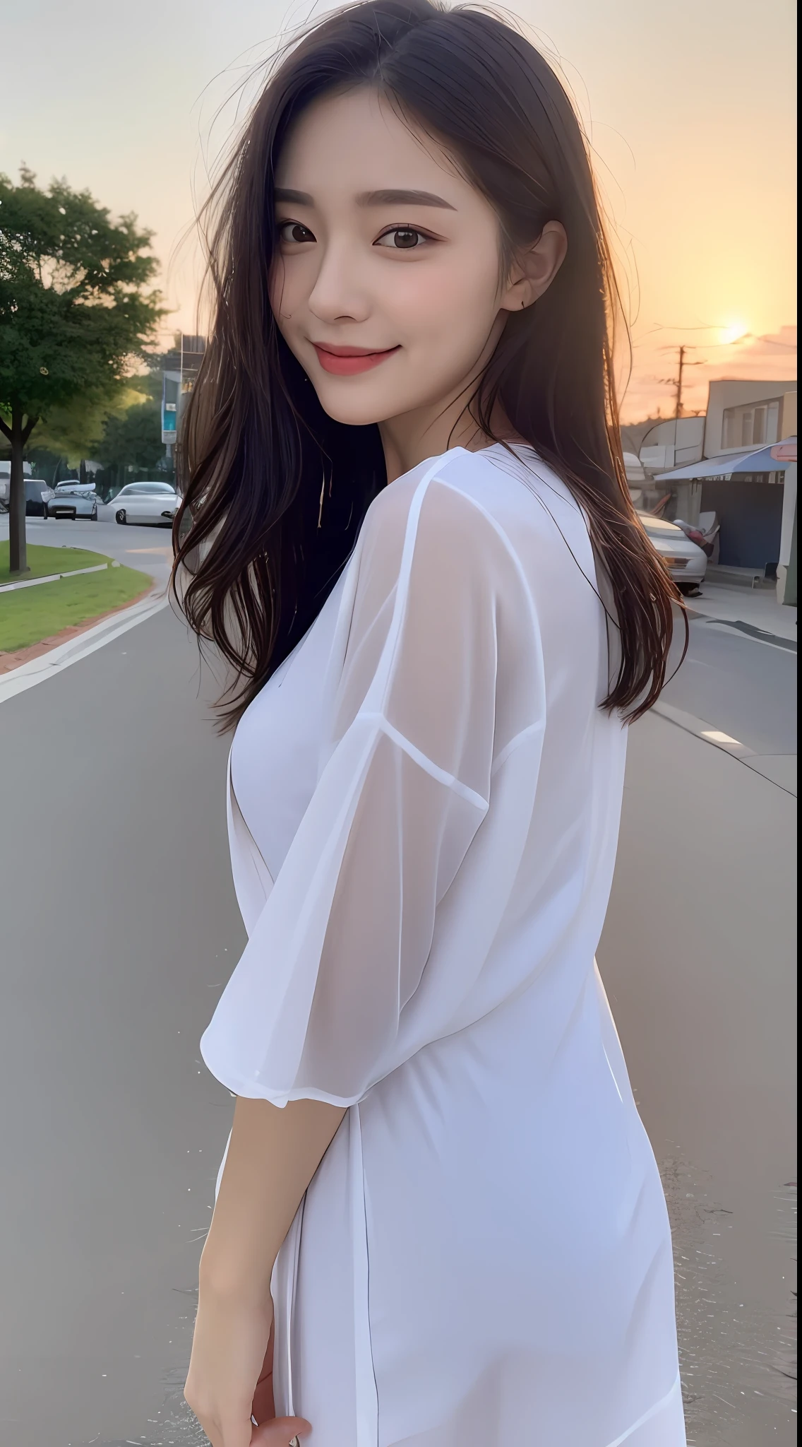 ((Top Quality, 8K, Masterpiece: 1.3)), Focus: 1.2, Perfect Beauty: 1.4, Butt: 1.2, ((Layered Hairstyle, Breasts: 1.2)), (Wet Clothes: 1.1), (Sunset, Street: 1.3), Halfway Dress: 1.1, Highly Detailed Face and Skin Texture, Narrow Eyes, Double Eyelids, Whitening Skin, Long Hair, (Shut Up: 1.3), Smile, Beauty Unreal