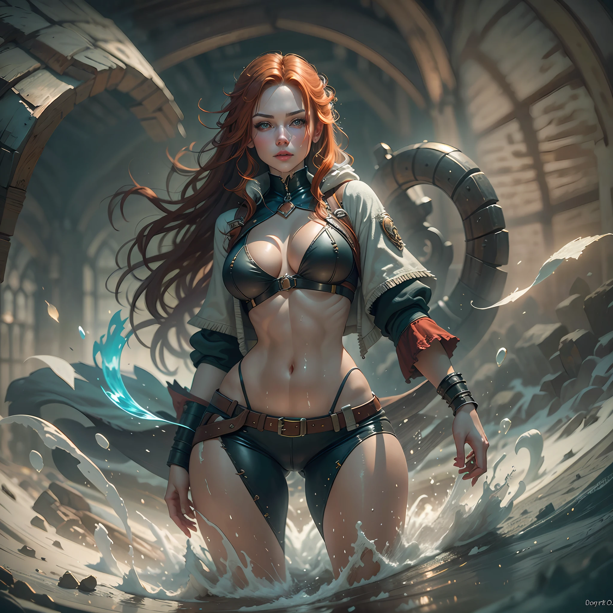 beautiful ginger women in detailed full length body wet lather pirate's suit, air above hair, IPA award wining, masterpiece, ultimate lighting, art by top 5 artstation artists, spectacular view, chromatic aberration, glaring lather, ambient occlusion, bouncing lights, sharp focus, sharp contrast, best backlighting, lather pants, lather jacket