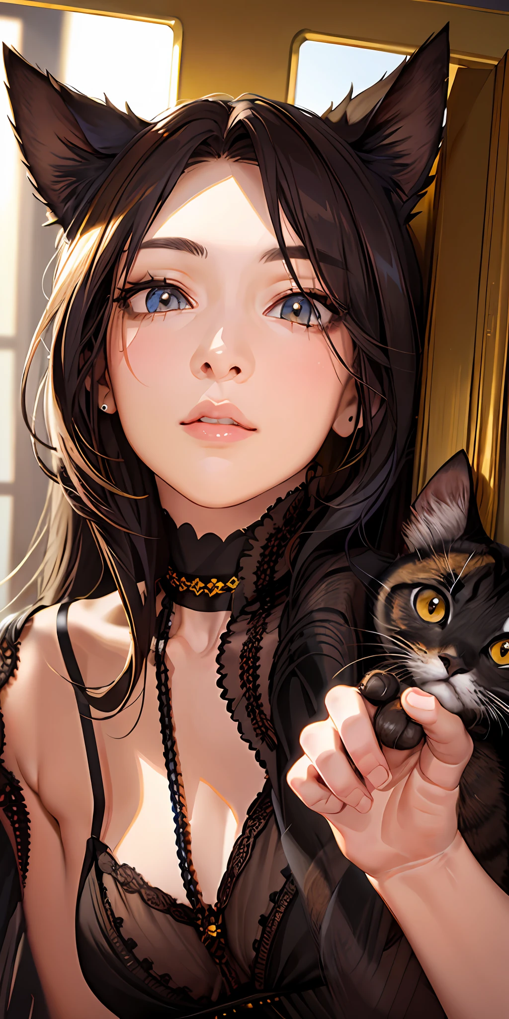 brunette girl with cyamese cat