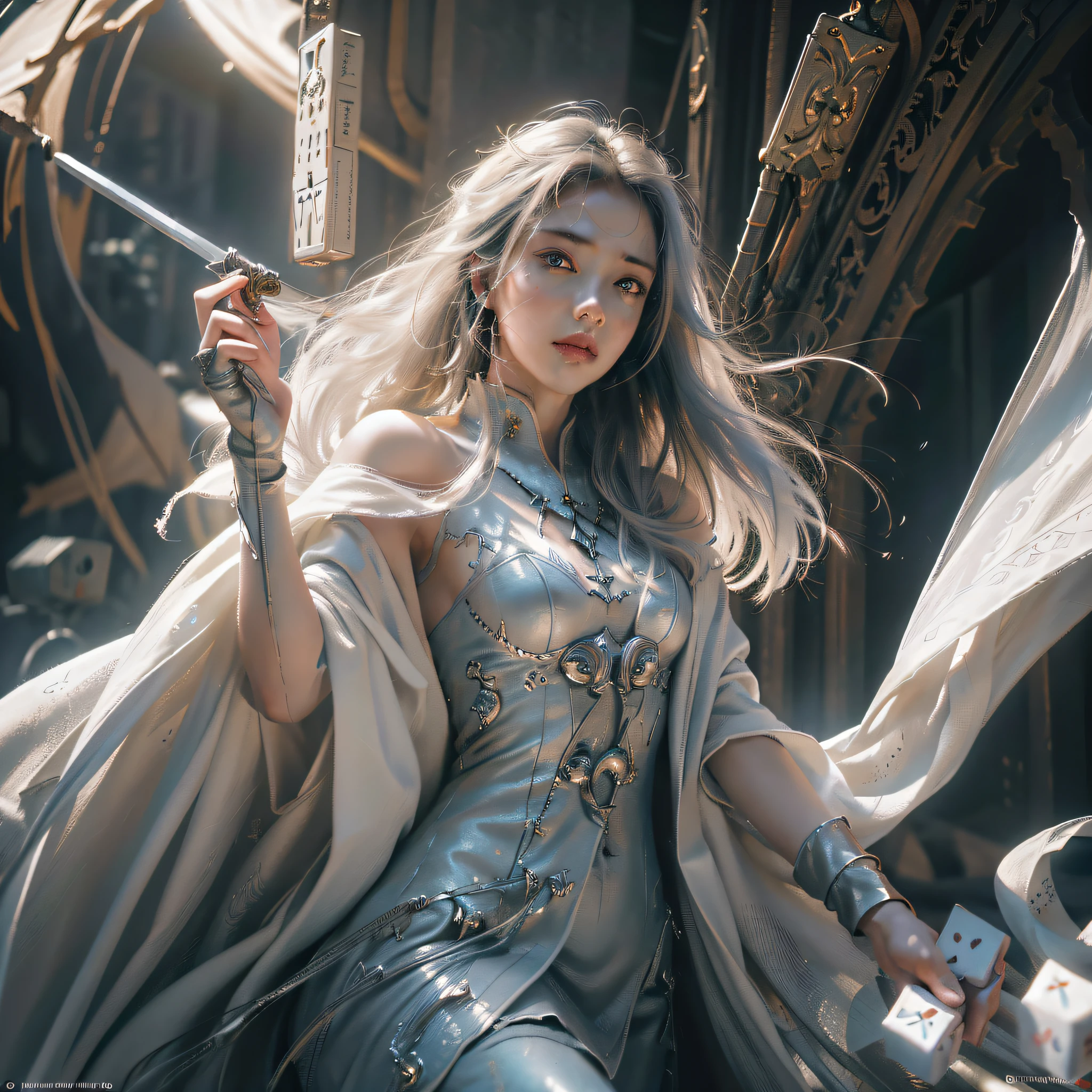 arafed woman in a silver dress holding a sword and a sword, ross tran 8 k, wlop and ross tran, chengwei pan on artstation, ross tran and wlop, cinematic. by leng jun, cgsociety and fenghua zhong, 2. 5 d cgi anime fantasy artwork, elegant cinematic fantasy art