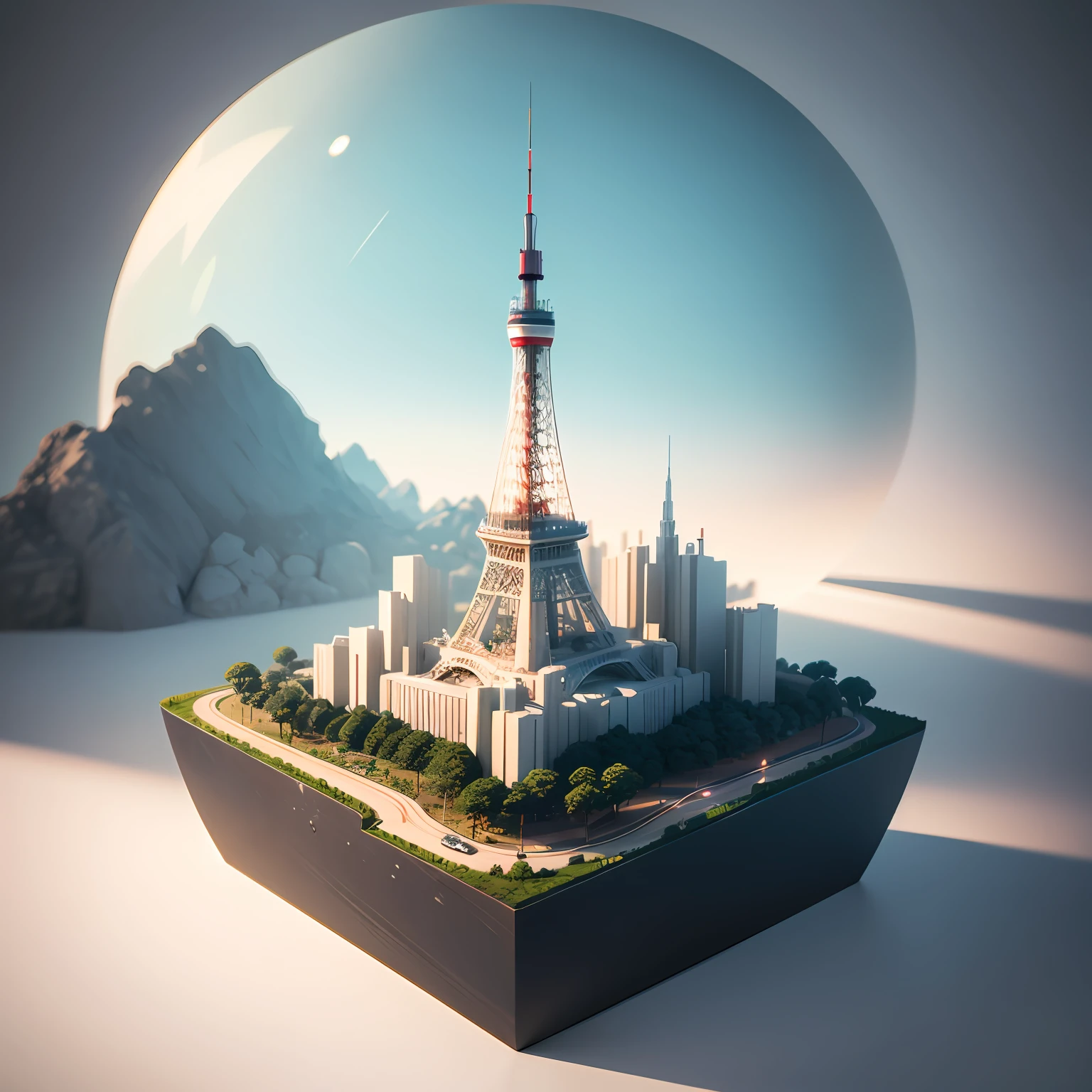 tokyo tower,Floating Island, A light background, A clean background, mother of pearl iridescent, holographic white, Minimalism, c4d, cinematic lighting, Unreal Engine, artistic, OC renderer, best quality, UHD, award winning --ar 4:3 --v 5 --auto