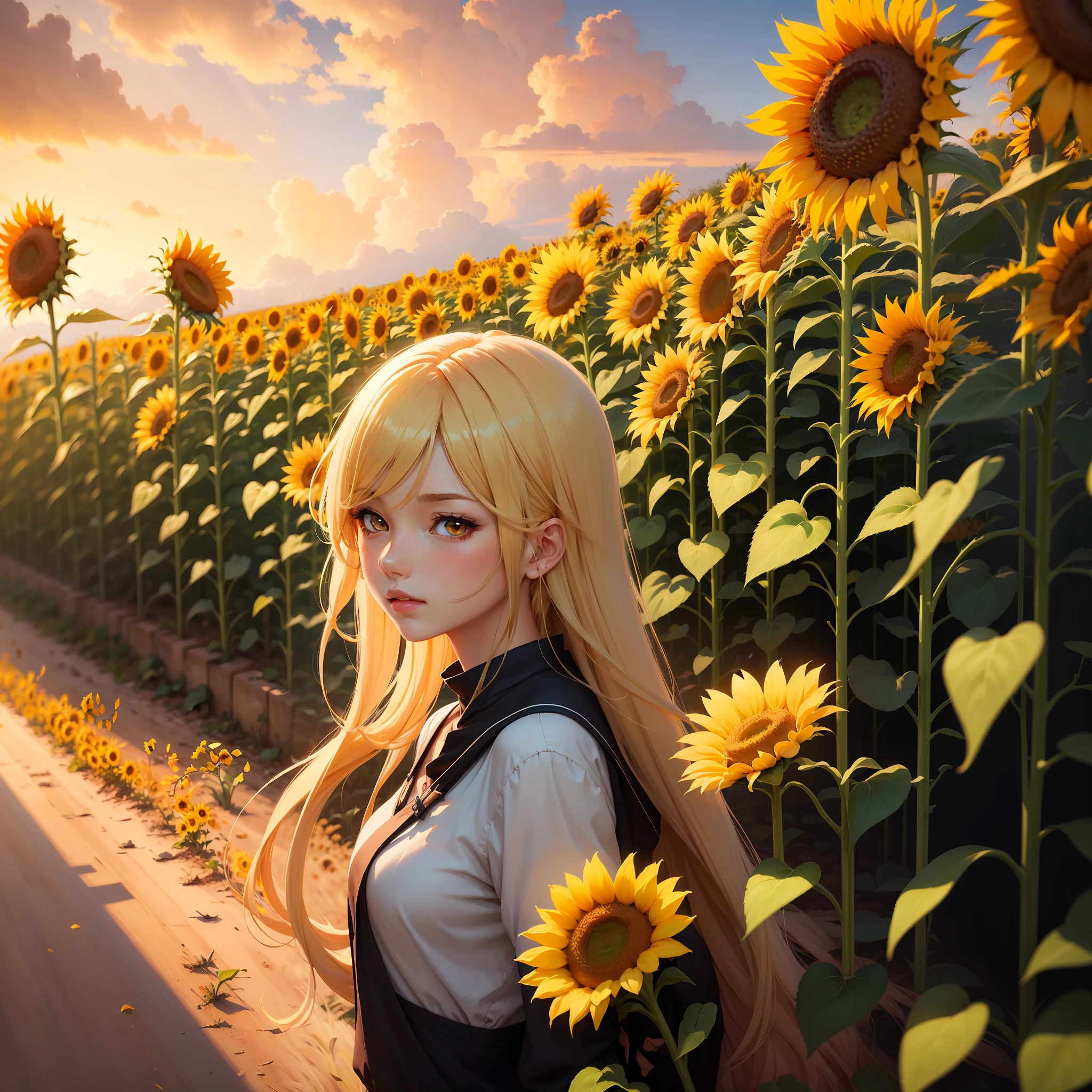anime girl with long blonde hair standing in a field of sunflowers, beautiful sunflower anime girl, blonde anime girl with long hair, scene : sunflower field, scene: sunflower field, artgerm and atey ghailan, anime girl with long hair, artwork in the style of guweiz, made with anime painter studio, anime visual of a cute girl, beautiful anime portrait