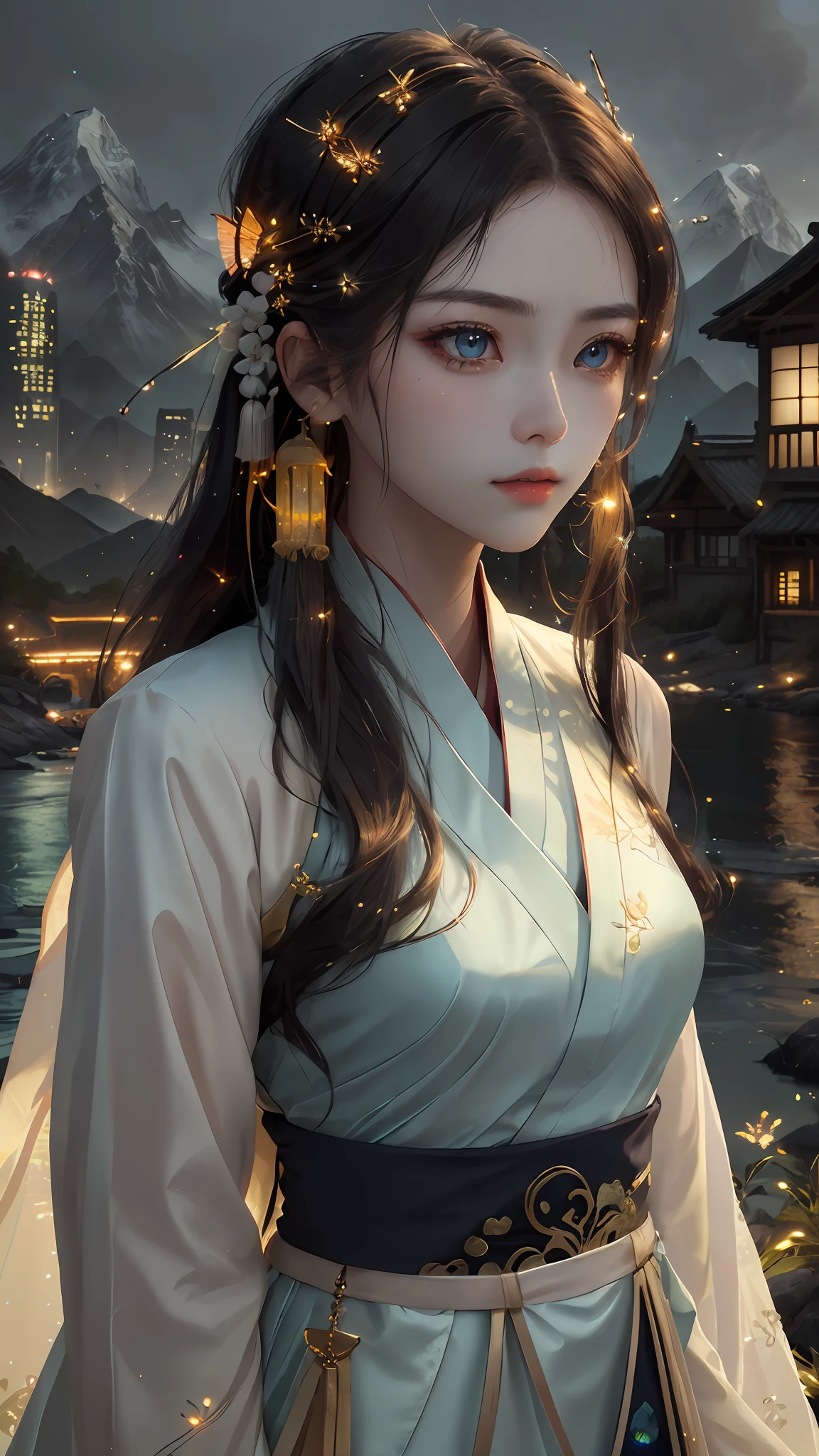 best quality, masterpiece, highres,
1girl, Detailed face, (Upper body:1.6), Cyber cities, mountains and rivers, night, firefly lights, Realistic, rich in detail, (White hanfu:1.2), (beautiful body:1.4),