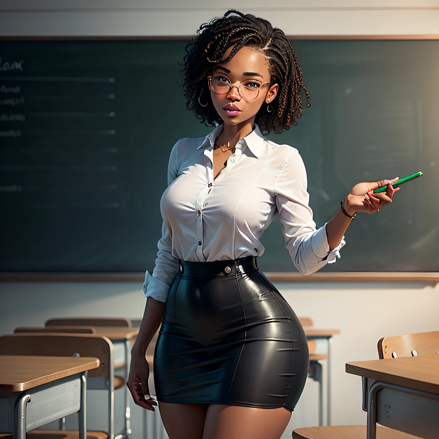 sexy black America female teacher. classroom setting next to green chalk board --auto