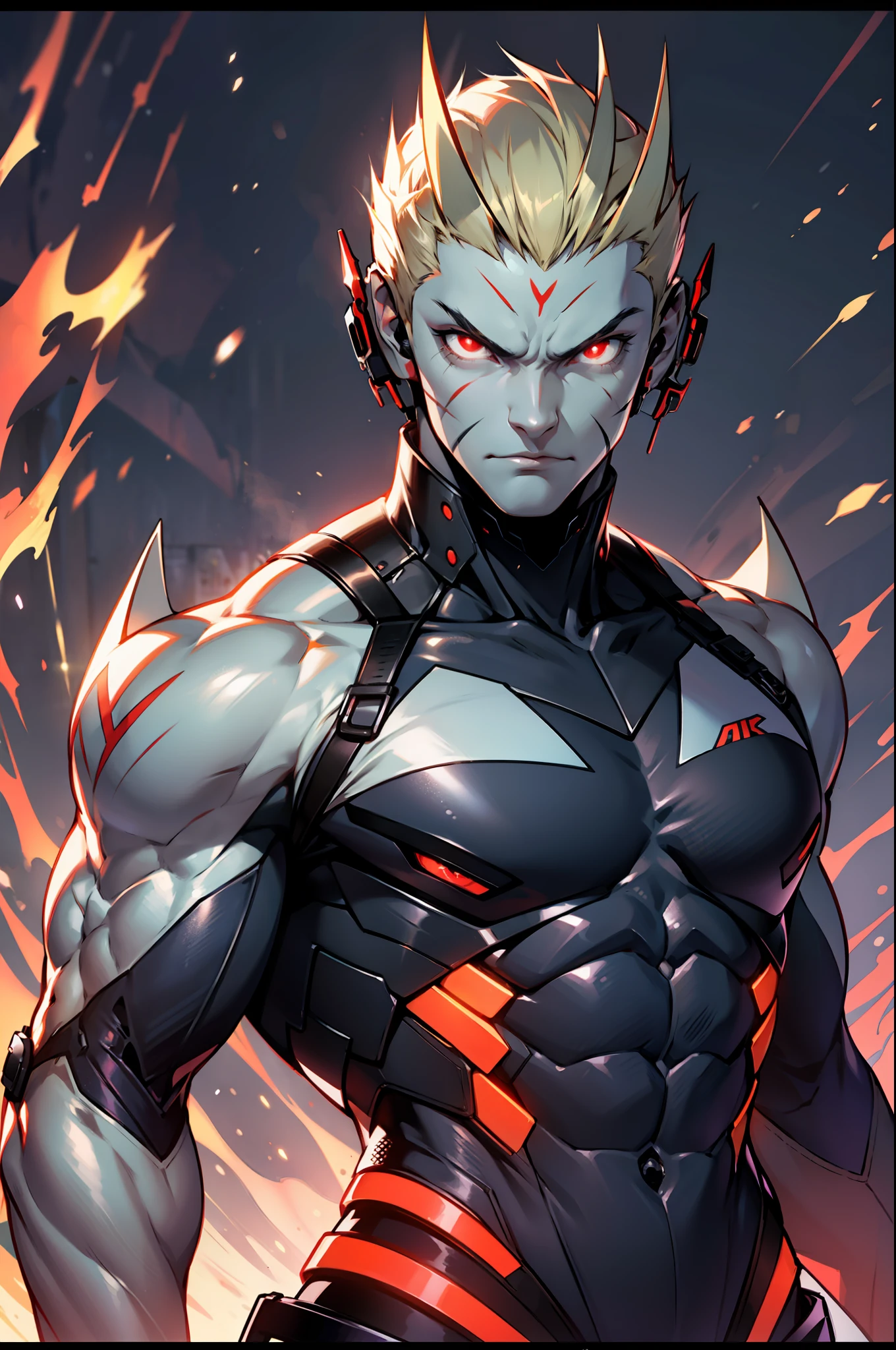 A man, Android, muscular body, very tall, metallic skin, bright red eyes, ruthless expression, night