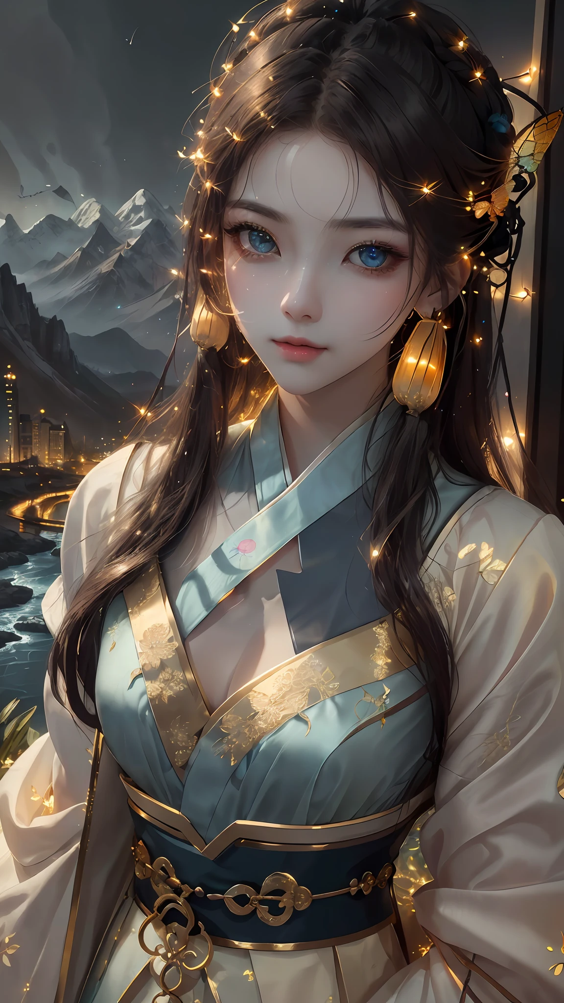 best quality, masterpiece, highres,
1girl, Detailed face, (Upper body:1.6), Cyber cities, mountains and rivers, night, firefly lights, Realistic, rich in detail, (White hanfu:1.2), (beautiful body:1.4),