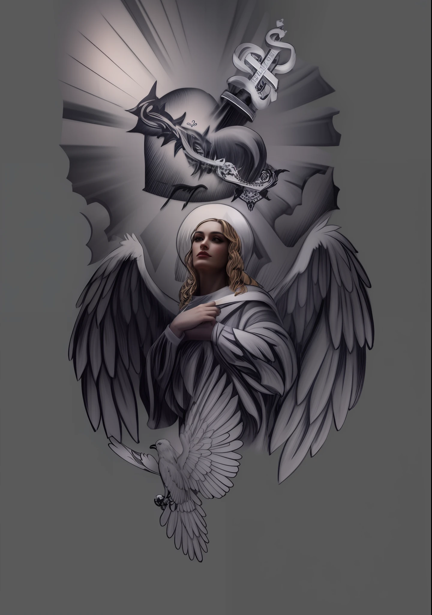 a drawing of a saint with white angel wings, tattoo design, peace pigeon underneath, white wings on woman, clouds on top of head in background with rays of light and ((red heart)) divine with thorns around concept tattoo design, realism tattoo design, real tattoo design, tattoo design sketch,  3D design for tattoo, clean detailed art, highly detailed illustration, medium size tattoo sketch, realism tattoo sketch, tattoo sketch, more detailed art, tattoo sketches, highly detailed vector art, detailed