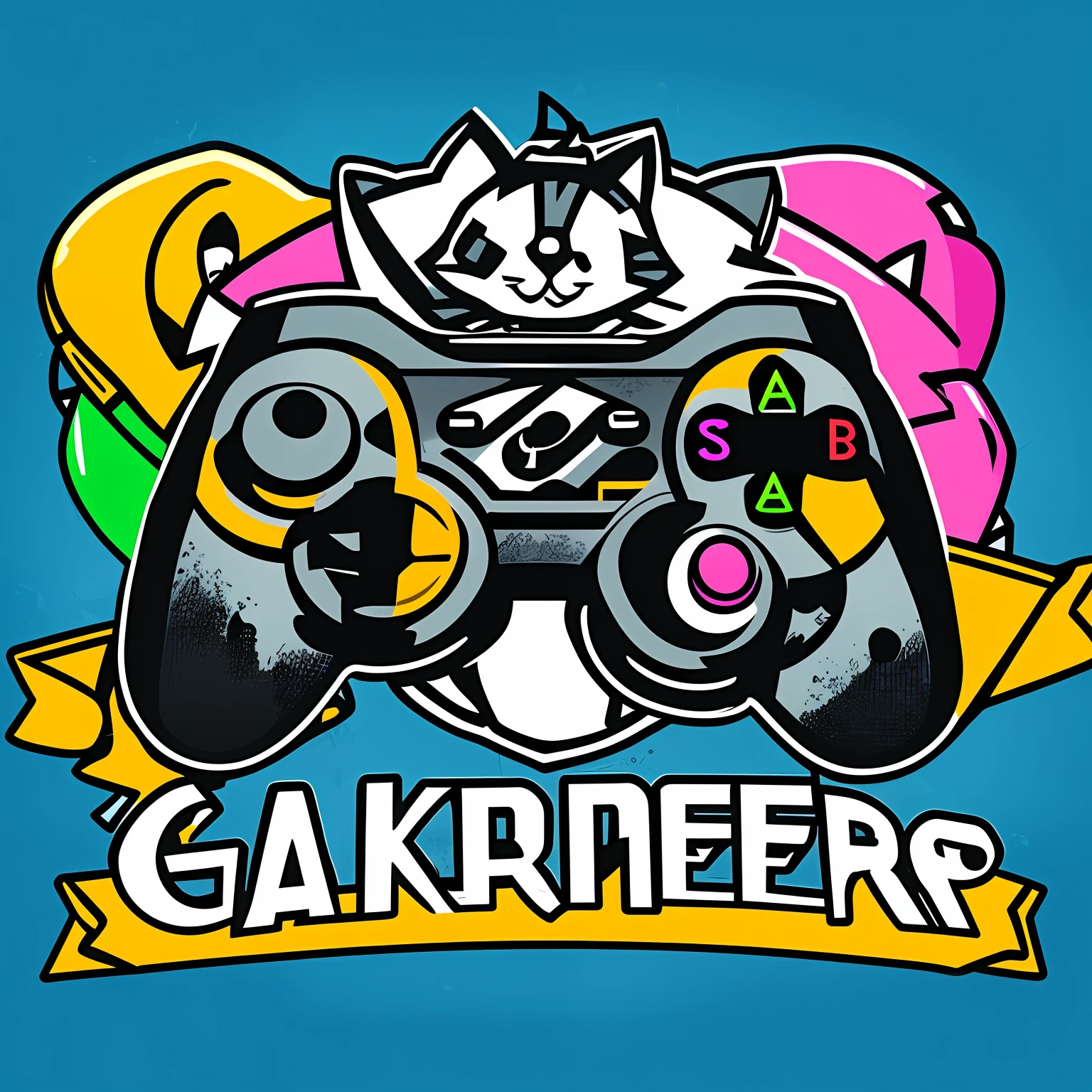 (logo) gamer, with a cat with a lot of fur, blue green, gamer style logo, geek logo --auto