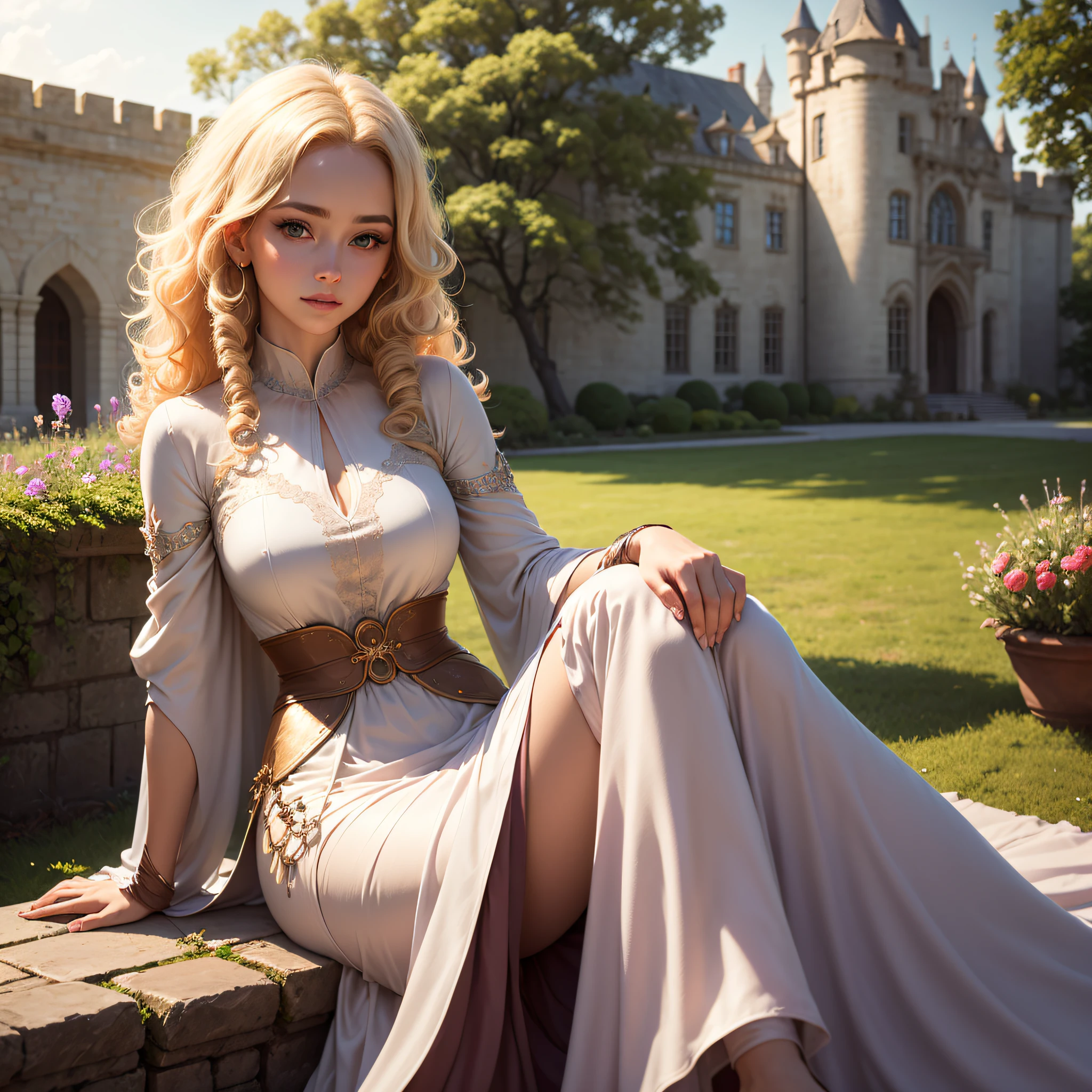 princess with blonde curly hair, with a flushed face, sparkling brown eyes, silk clothes, sitting in a flowering garden in the background of a magical castle, high quality image, realistic --auto
