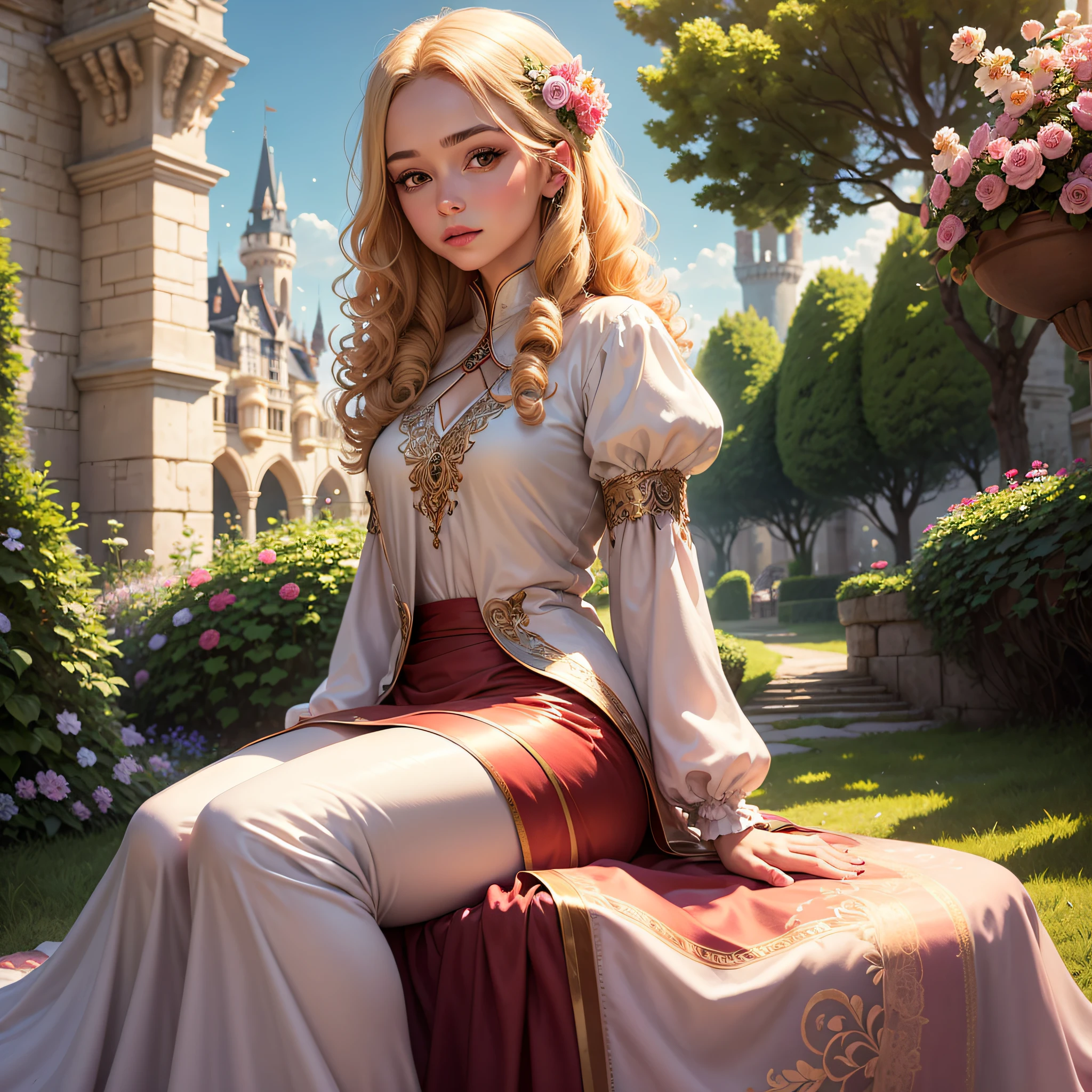 princess with blonde curly hair, with a flushed face, sparkling brown eyes, silk clothes, sitting in a flowering garden in the background of a magical castle, high quality image, realistic --auto