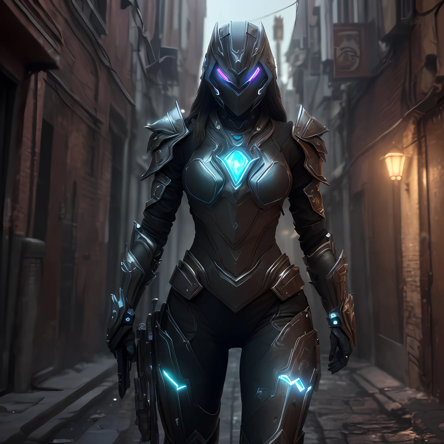 ((Best quality)), ((masterpiece)), (detailed: 1.4), 3D, a beautiful black woman (((extremely beautiful)), futuristic armor with led, mechanical left arm, attack position, in an alley. people in the background. Unreal 5, Subsurface Dispersion, PBR Texture, Post-processing, Two-tone lighting, Depth of field, Maximum clarity and sharpness.