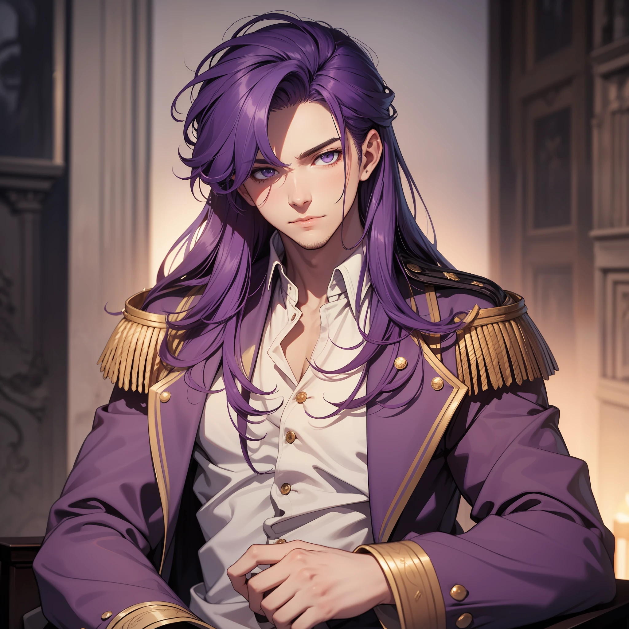 Purple hair, long hair, male, french revolution, noble, young adult, gentle look, dark, lonely, 4k, good quality