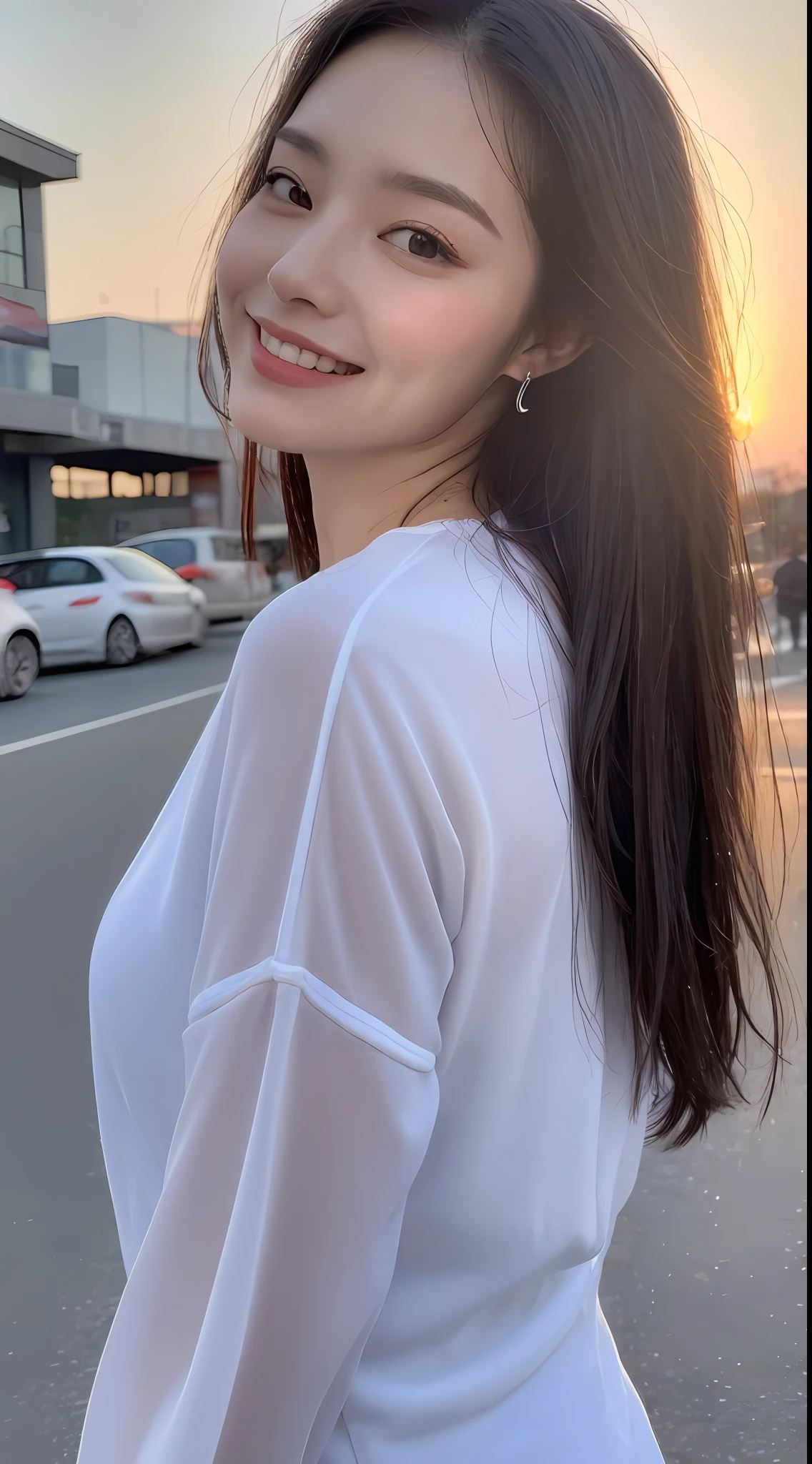 ((Top Quality, 8K, Masterpiece: 1.3)), Focus: 1.2, Perfect Beauty: 1.4, Butt: 1.2, ((Layered Hairstyle, Breasts: 1.2)), (Wet Clothes: 1.1), (Sunset, Street: 1.3), Halfway Dress: 1.1, Highly Detailed Face and Skin Texture, Narrow Eyes, Double Eyelids, Whitening Skin, Long Hair, (Shut Up: 1.3), Smile, Beauty Unreal