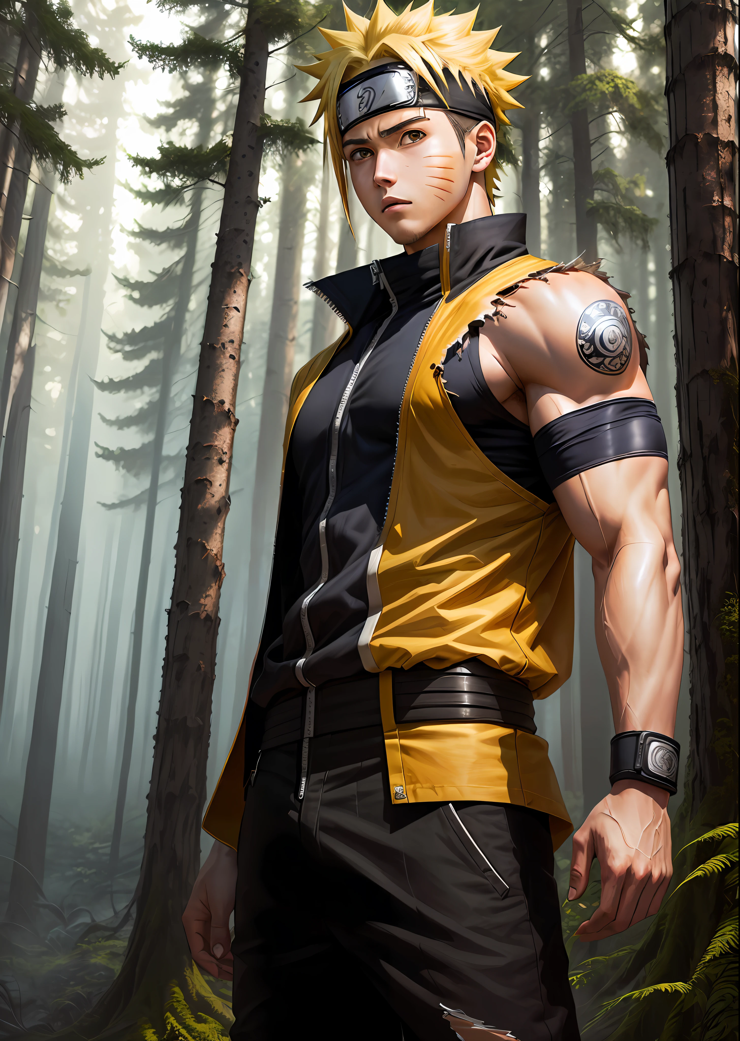Naruto ,realistic,torn clothes,forest,muscular, blond