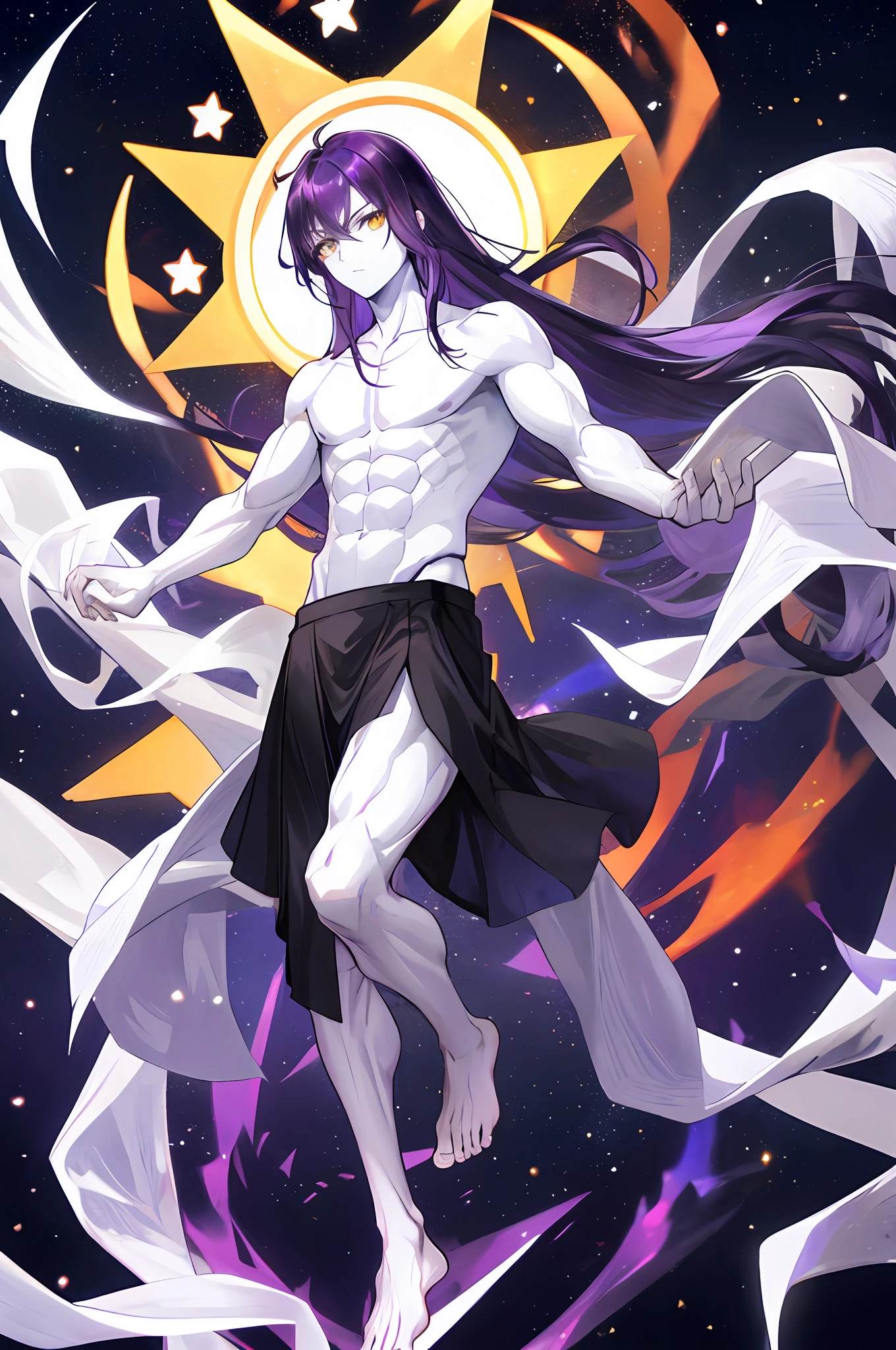 Man, muscular, dark purple hair, golden eyes, shirtless, silver skin, purple monk skirt, barefoot, universe, white skin, pale skin, long hair, hair with stars