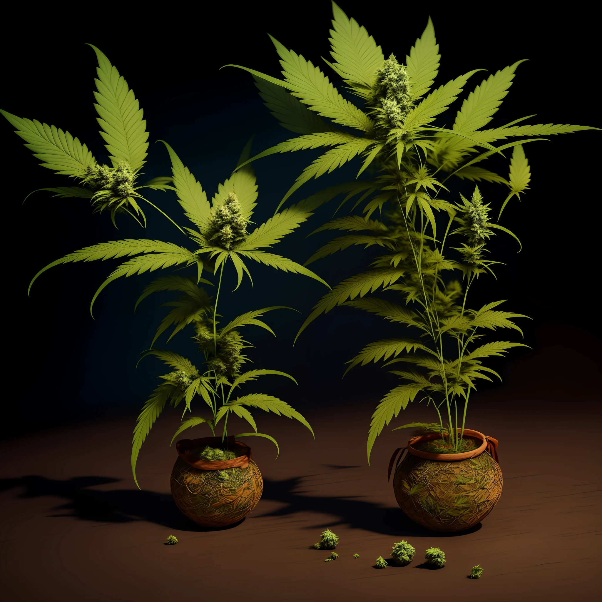 there are two potted plants that are sitting on a table, marijuana plants, pot plants, 4 cannabis pots, marijuana greenery, marijuana trees, high quality 3 d render, high quality 3d render, marijuana photography, marijuana buds, marijuana, marijuana leaves, cannabis, marijuana asymmetrical, highly detailed 3 d render, personification of marijuana, highly detailed 3d render