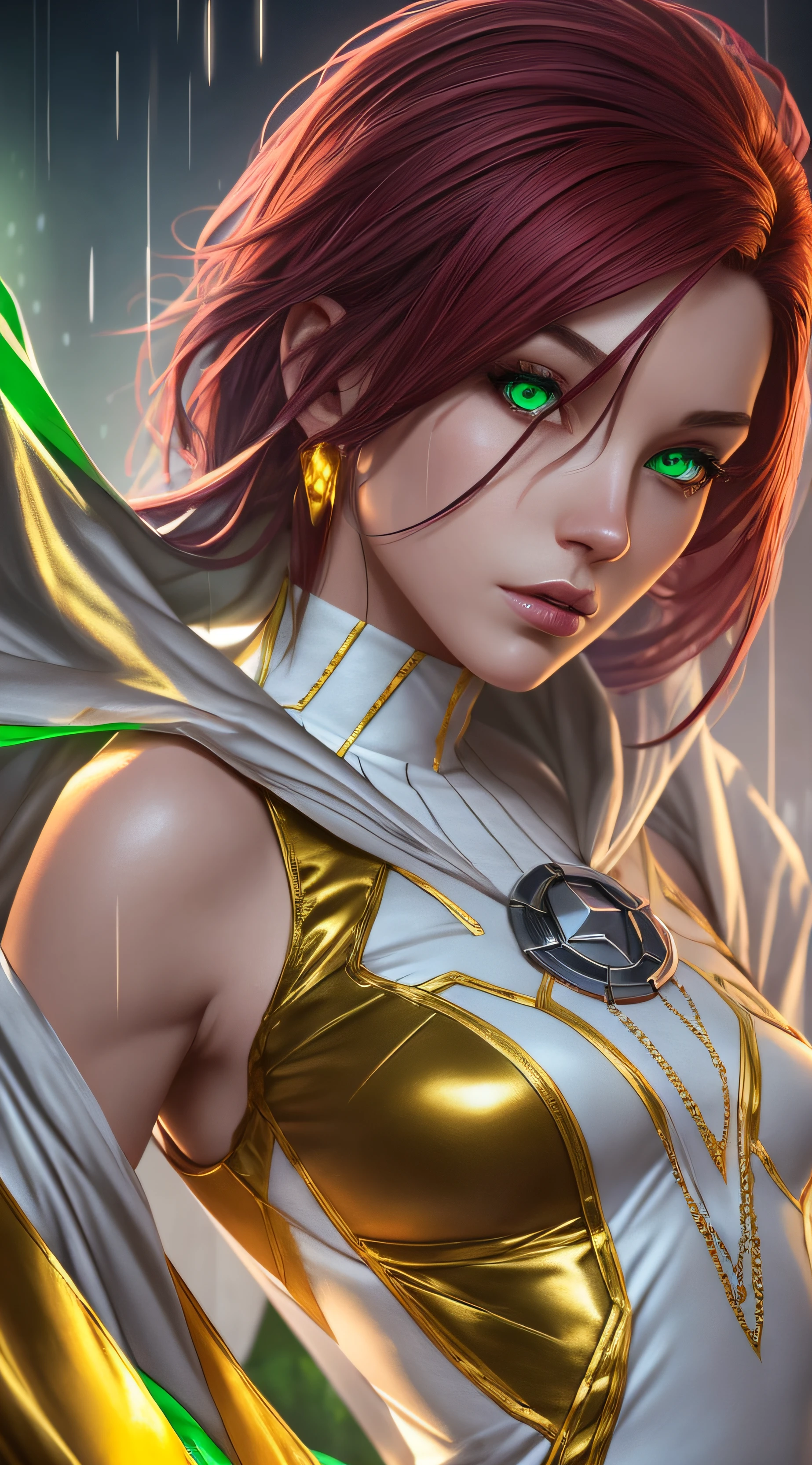 Rogue cartoon character X-Man red hair, (realistic face, ultra detailed) full body shot, five fingers on each hand, gold and white, yellow and green colored clothing, heavy rain, magical, highly detailed, artstation trend, unreal 4k engine, cinematic wallpaper, X-Man movie background, 4K, porcelain skin, detailed, 8K, dynamic lighting,  white chromatic freak, drenchedcammy, cutesexyrobutts, white silk dress, [ 4K Digital Art ] ! , posing for an intricate fight, [ 4K digital art, , giant art, in fighter poses, SFW version, rendered in SFM, X-Man cartoon character