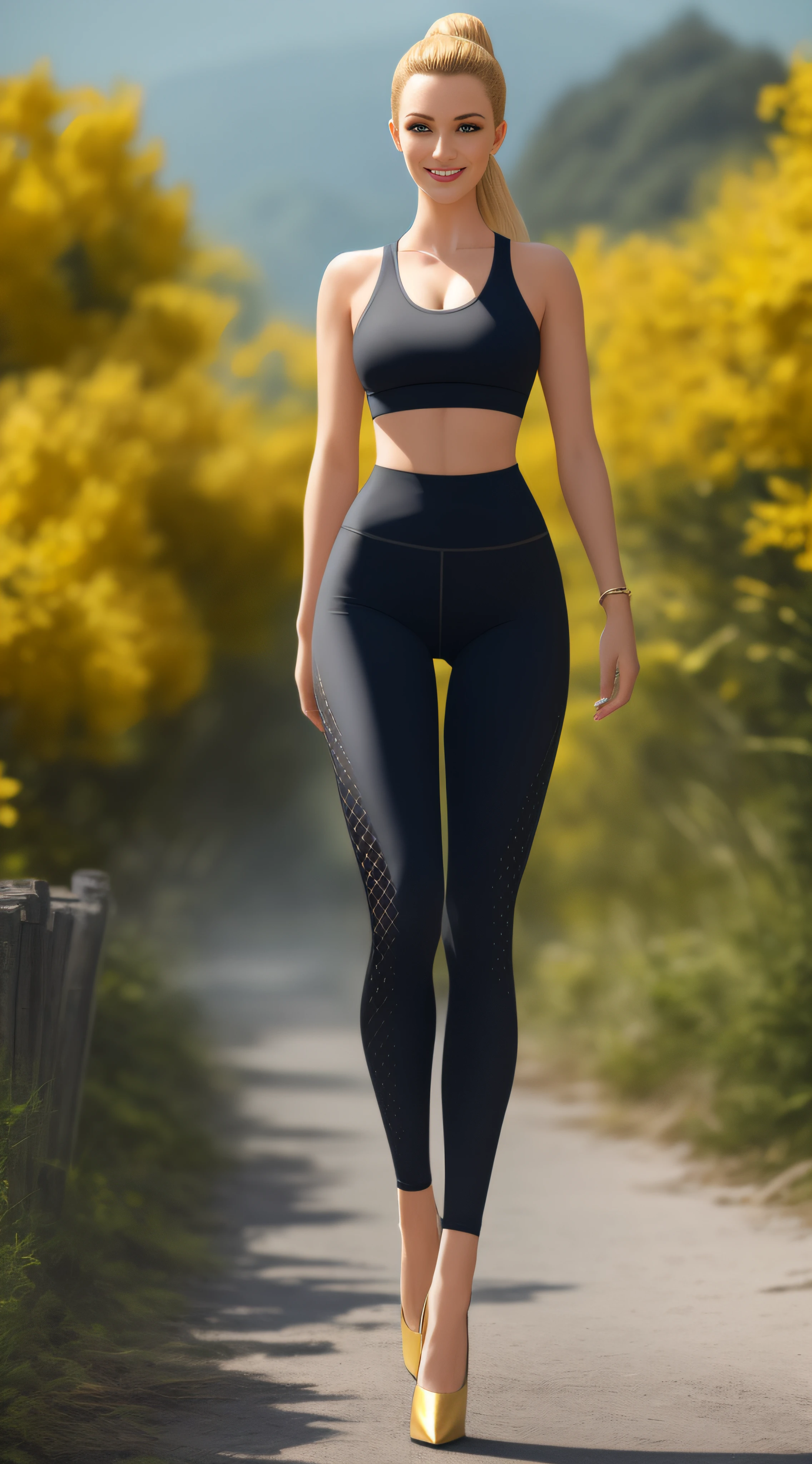 (:1.2), Solo, Golden ponytail, Yellow eyes, Smile, Sexy, White mesh leggings ((Masterpiece)), (High quality), (Best quality), (detailed), HD, Perfect lighting, Detailed face, Detailed body, Mesh, (same character, front), (Full body: 1.6), Best quality, Ultra High resolution, Blurred background, Rural, Outdoor, (Bokeh: 1.1), Skyline, (Reality: 1.4), Looking at the viewer, golden proportions, broad shoulders, narrow waist, double eyelids, High heels, (standing: 1.3), facing viewer, full body photo (FLS), arms at sides, thigh gap, single, vanishing point