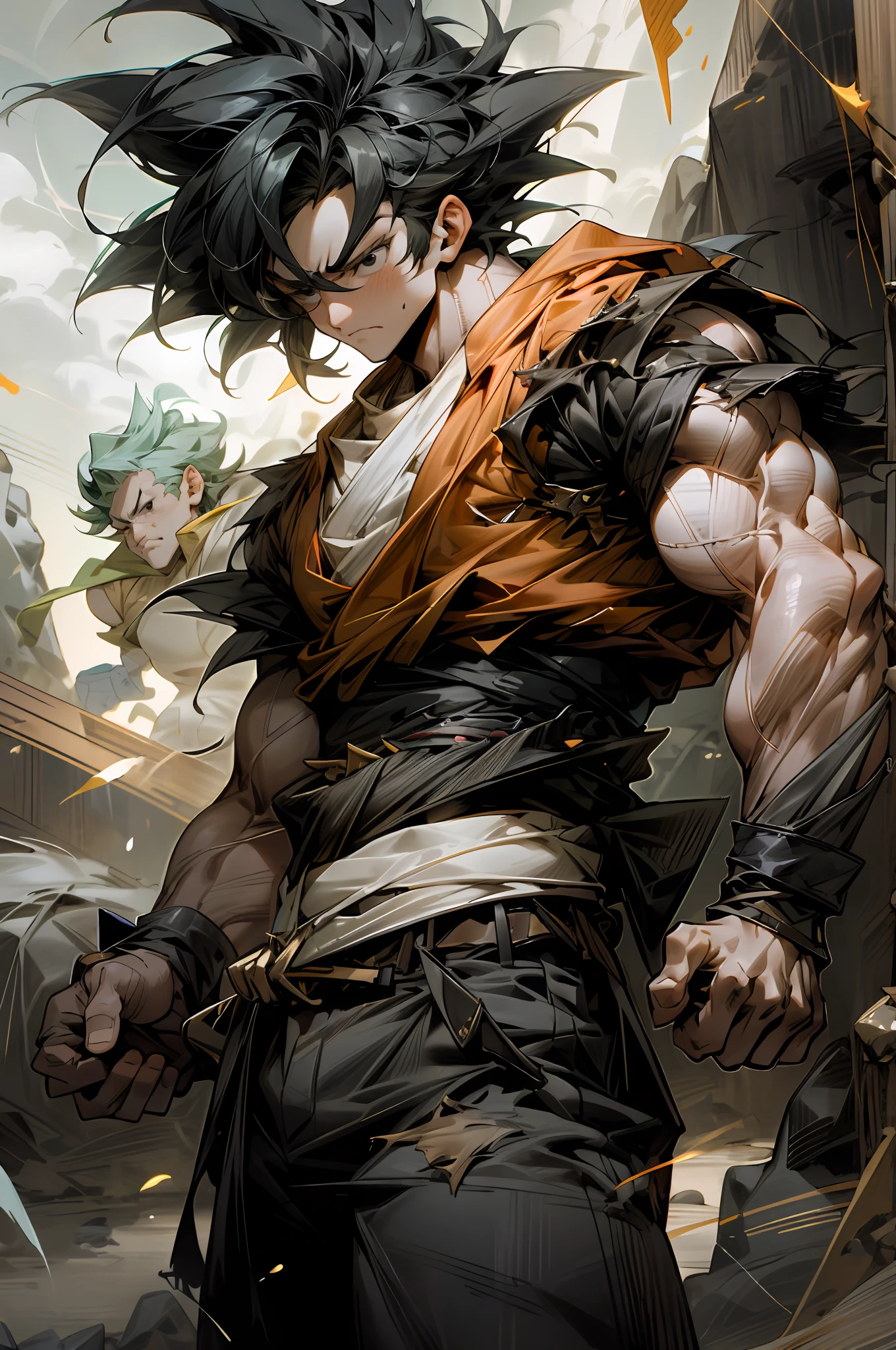 Monkey King, Mecha 1boy, Shut Up, Male Focus, Muscular, Muscular Male, Rock, Belt, Serious, Solo, Spiked Hair, Nude Male, Ragged Clothes, Ultra Instinctive, Black Eyes, Black Hair, ((Masterpiece))