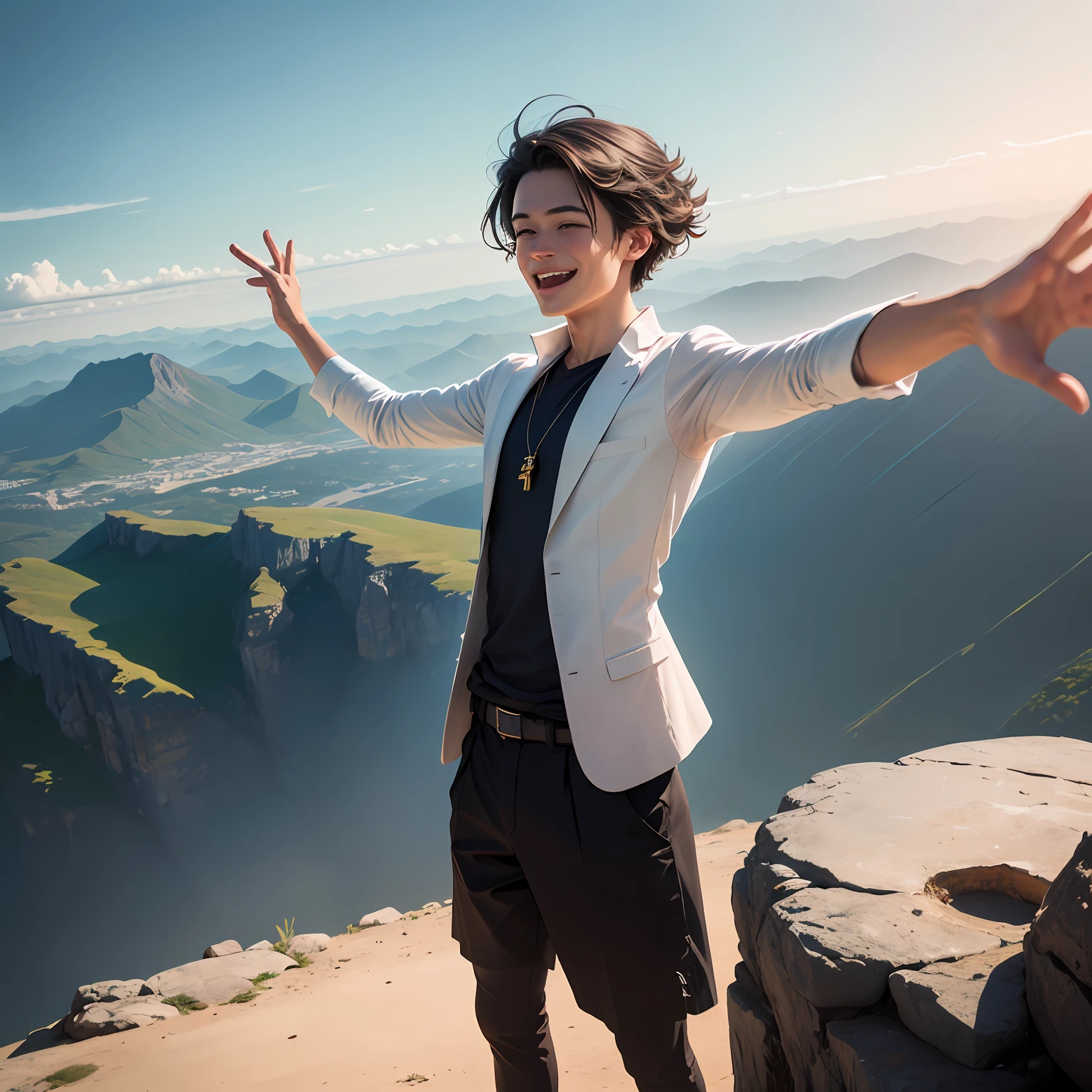 The image depicts an inspiring and empowering scene of a person standing on top of a mountain, arms outstretched in a gesture of victory. Around the person, there is a clear and sunny blue sky, conveying a sense of serenity and achievement. The person is dressed elegantly and confidently, symbolizing the confidence and financial independence he has achieved. His face radiates happiness and satisfaction, demonstrating the achievement of his financial goals. In the background, we see an expansive horizon and diverse stunning landscapes such as beaches, mountains and skyscrapers. These landscapes represent the variety of possibilities and experiences that financial freedom can offer. Floating in the air around the person, we can see dollar signs and bills of money, as if they were creating a magical glow. These elements symbolize the abundance and prosperity that financial freedom brings with it. In the lower corner of the image, there may be an inspiring message, such as "Financial Freedom: Achieve your dreams and live life to the fullest" or "The achievement of financial freedom: The key to full happiness." This image conveys the idea that financial freedom provides the ability to enjoy life fully, to pursue passions, to realize dreams, and to have control over your choices. It represents the sense of empowerment and satisfaction that accompanies achieving financial independence. --auto