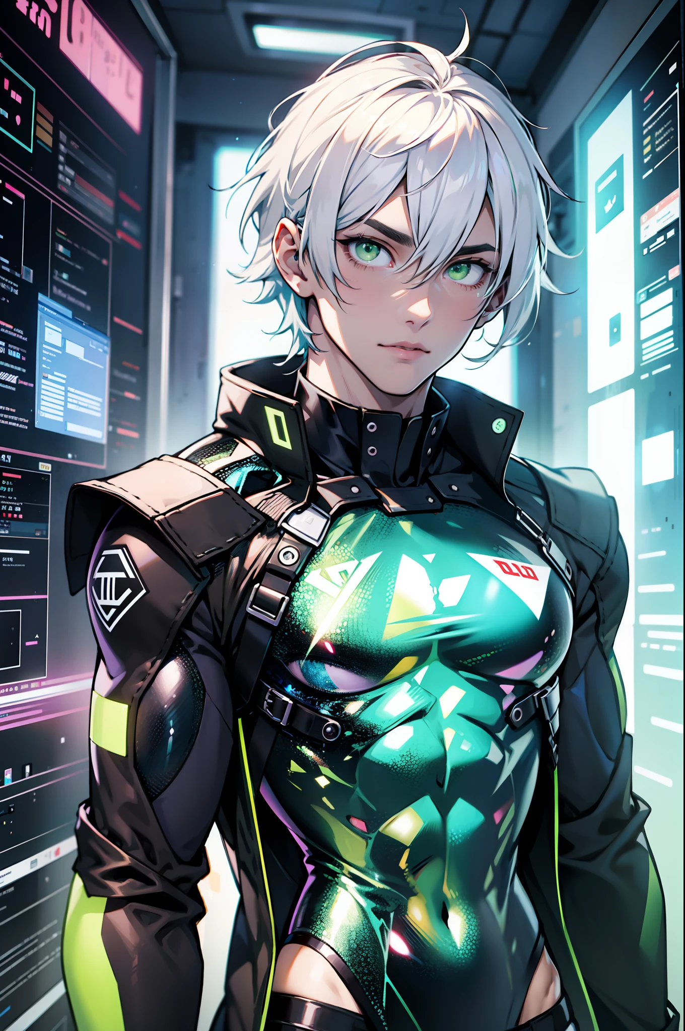 A man, hologram, thin and athletic body, very white and pale skin, bright green eyes, technological and holographic clothes, in a room