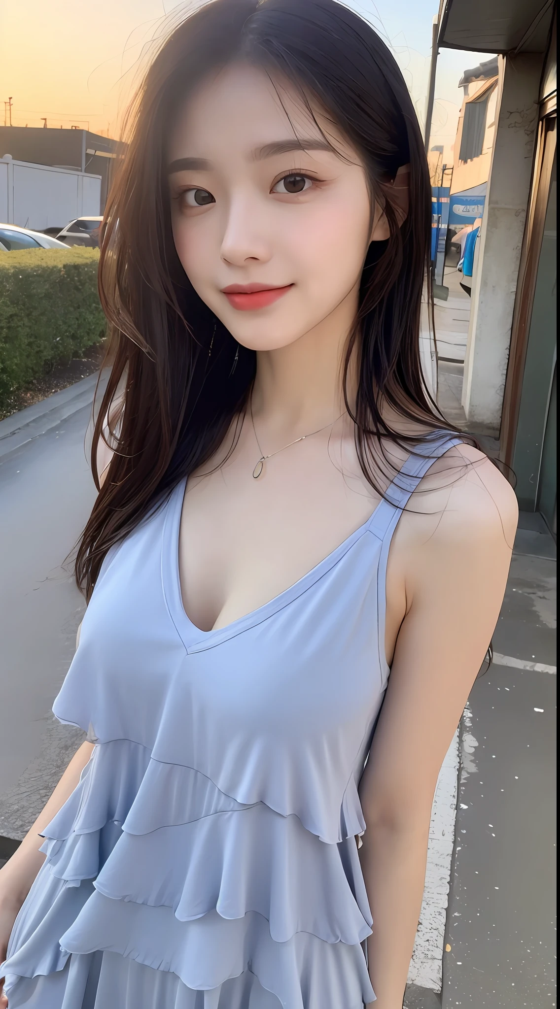 ((Top Quality, 8K, Masterpiece: 1.3)), Focus: 1.2, Perfect Beauty: 1.4, Butt: 1.2, ((Layered Hairstyle, Breasts: 1.2)), (Wet Clothes: 1.1), (Sunset, Street: 1.3), Halfway Dress: 1.1, Highly Detailed Face and Skin Texture, Narrow Eyes, Double Eyelids, Whitening Skin, Long Hair, (Shut Up: 1.3), Smile, Beauty Unreal