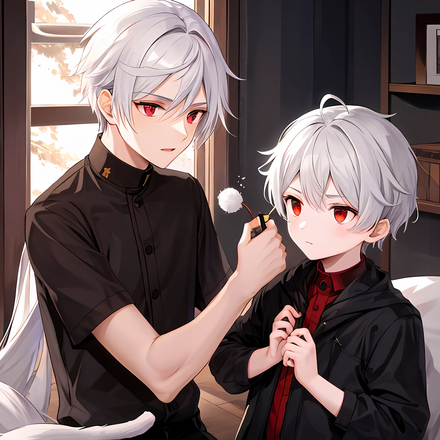 Cat, beautiful boy with white hair, red eyes, boy