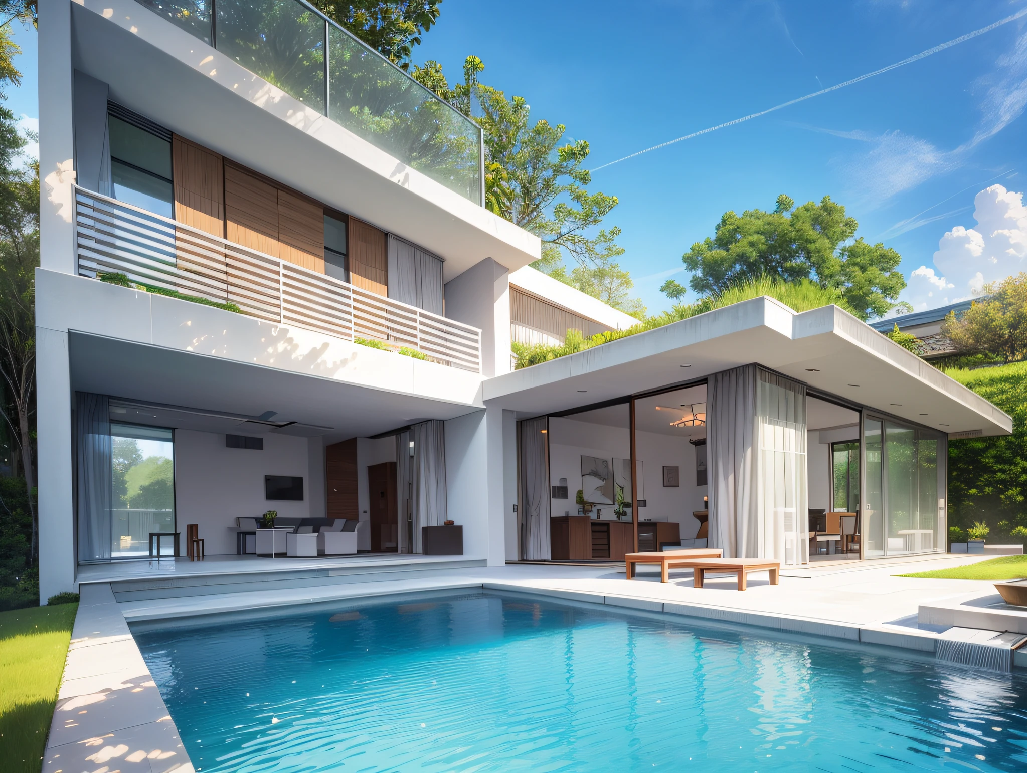 "Minimalist modern luxurious house with large windows and a spacious garden, bathed in the warm hues of a sunset."