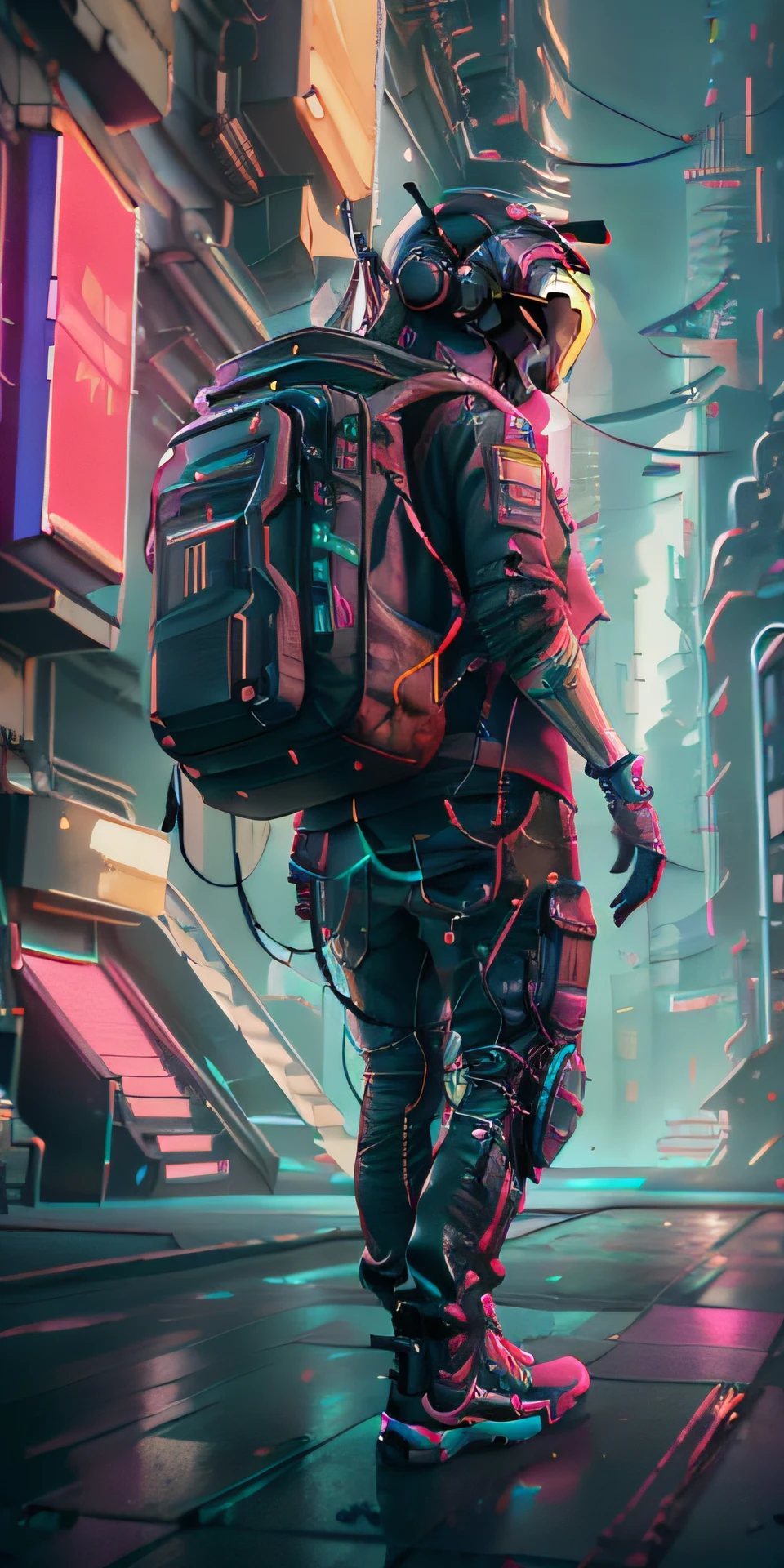 citizen jumping out of the ground with very large delivery bag on his back, masterpiece, full body shot, intricate raw photography, cyberpunk citizen in plus size tech clothing, wearing black daftpunk astro style helmet, neon light detail, intricate, futuristic, sharpness, cyberpunk city, neon street lights, snapshot, photo of the year, octane rendering, substance, maya 3d, cinema4d, artstation trends, deviant art trend,