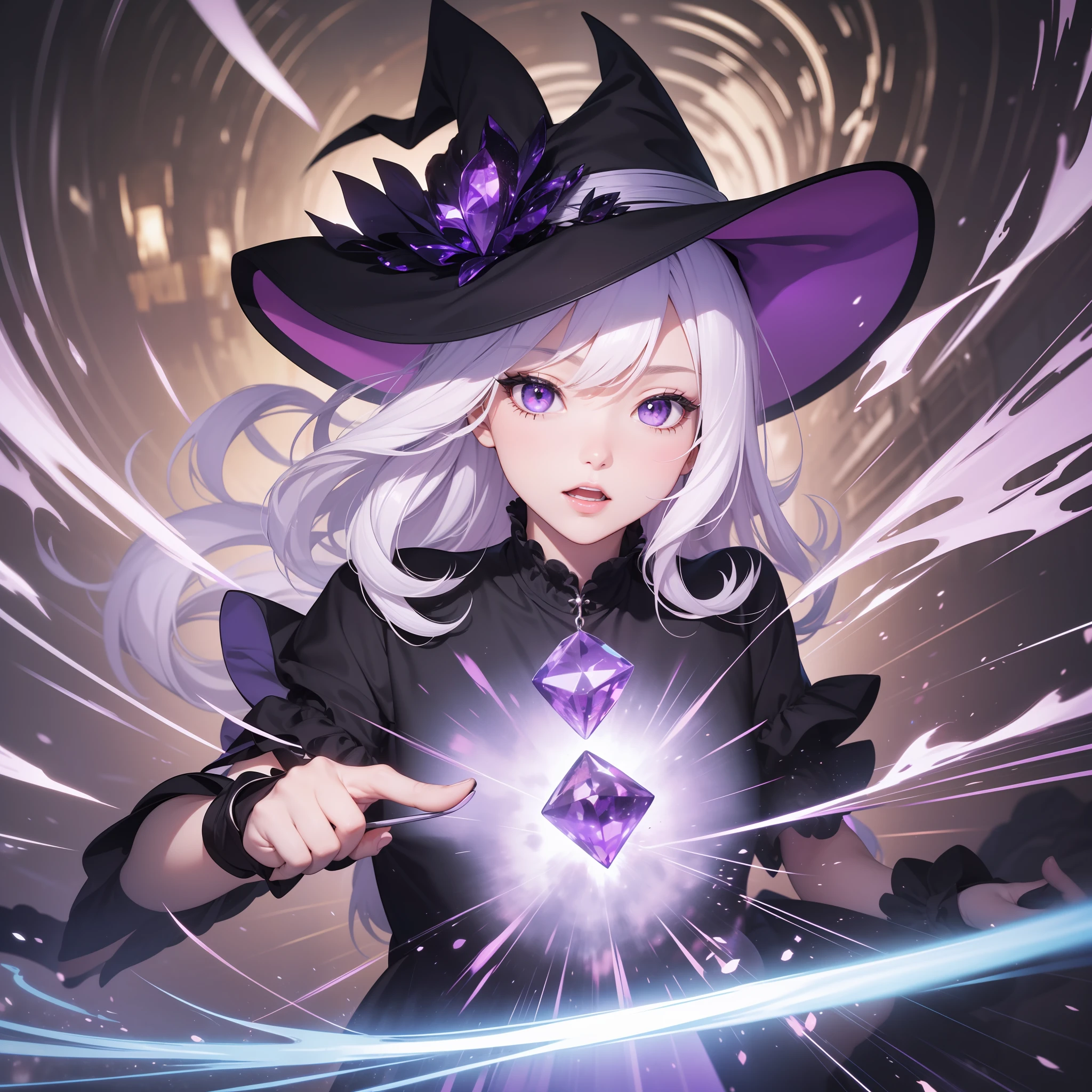 (Best Quality: 1.3), 8k, (Masterpiece: 1.3), Ultra High Resolution, A (Speeding) amethyst the room at high speed,(slow motion:1.3),(Motion blur:1.3),(Speed lines:1.4),sense of speed,(Black dress:1.5)、(Witch: 1.5)(Purple crystal: 1.5), (Silver hair: 1.5), pretty face, 18 years old, (Magic: 1.5)