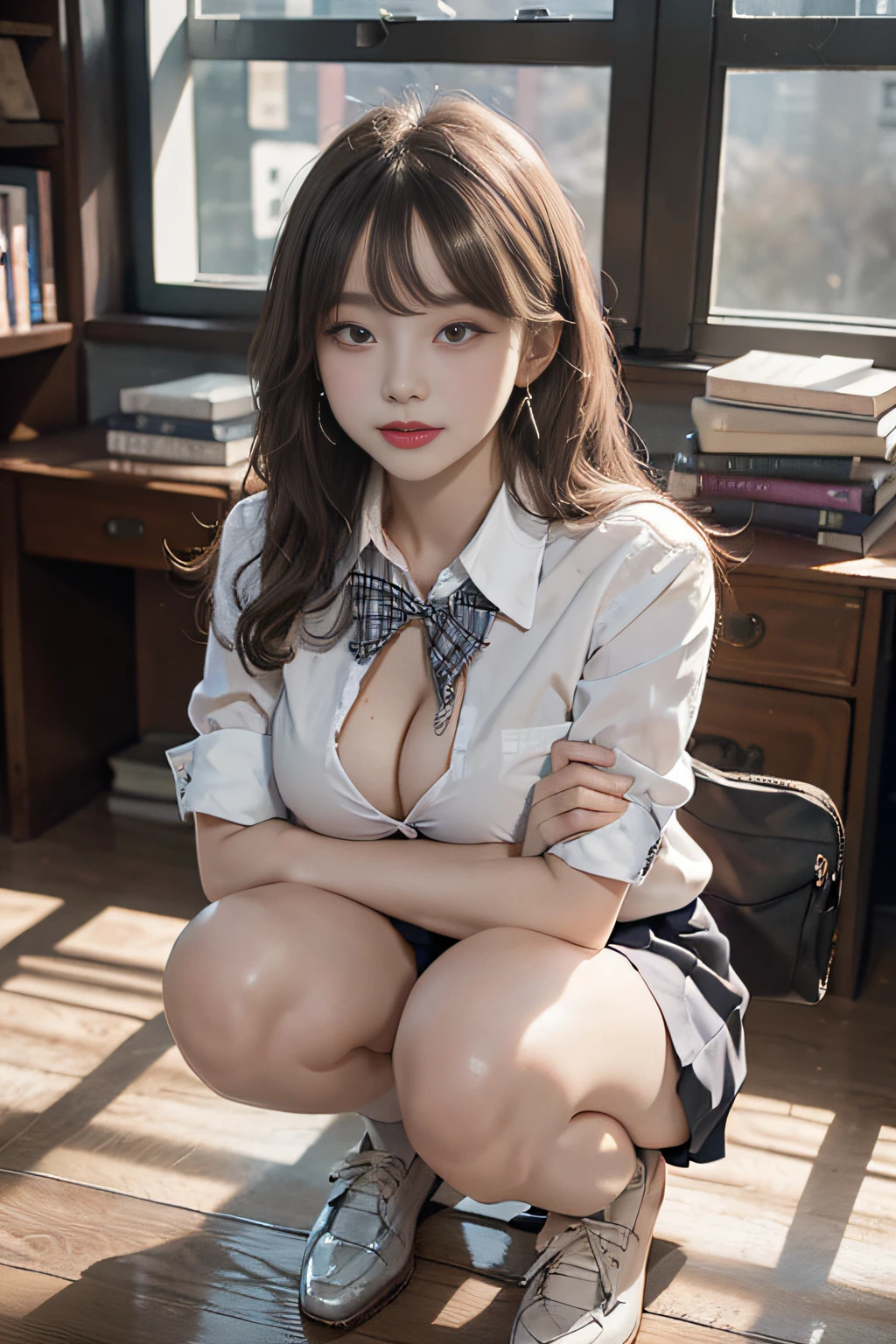 Best image quality, RAW photos, super high resolution, gentle smile, 16 years old Korean, very big breasts, cleavage slightly visible, tie, ribbon, school uniform, shirt with collar, school uniform shirt, plaid skirt, fair skin, shiny white skin, short bob, bright silver hair, bright gray hair, neatly aligned bangs, beautiful eyes, beautiful eyes of random colors, very thin lips, Beautiful eyes in detail, elongated eyes, pale pink cheeks, long eyelashes, beautiful double eyelids, eye shadow, earrings, night school, dimly lit library at night, library desk, squatting on desk, squatting