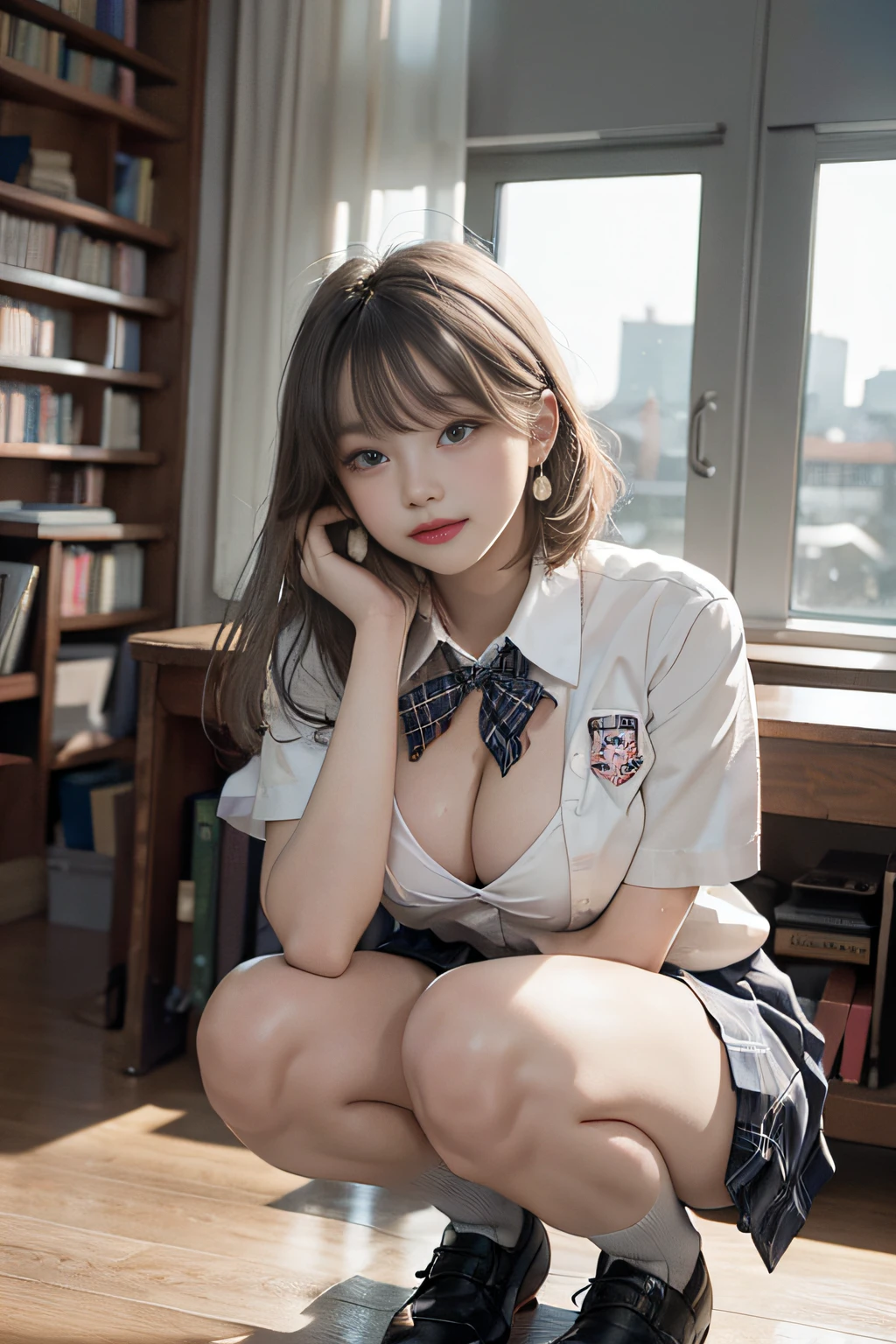 Best image quality, RAW photos, super high resolution, gentle smile,  Korean, very big breasts, cleavage slightly visible, tie, ribbon, school uniform, shirt with collar, school uniform shirt, plaid skirt, fair skin, shiny white skin, short bob, bright silver hair, bright gray hair, neatly aligned bangs, beautiful eyes, beautiful eyes of random colors, very thin lips, Beautiful eyes in detail, elongated eyes, pale pink cheeks, long eyelashes, beautiful double eyelids, eye shadow, earrings, night school, dimly lit library at night, library desk, squatting on desk, squatting