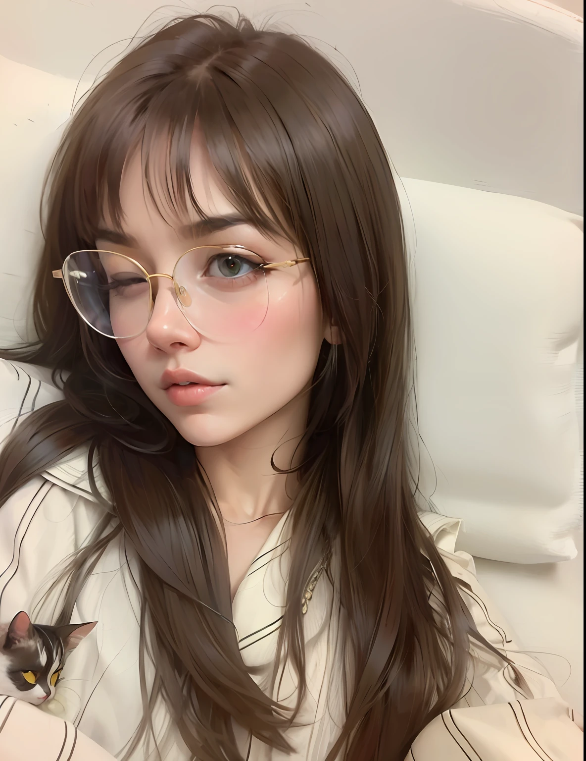 Arad woman lying in bed with glasses and cat brooch, wearing thin large round glasses, ((glasses)), urzan, glasses glasses, with glasses, large round glasses, transparent glasses, thin round glasses, Yoshitomo Nara, glasses without frames, wearing small round glasses, right eye closed, slender eyelashes,