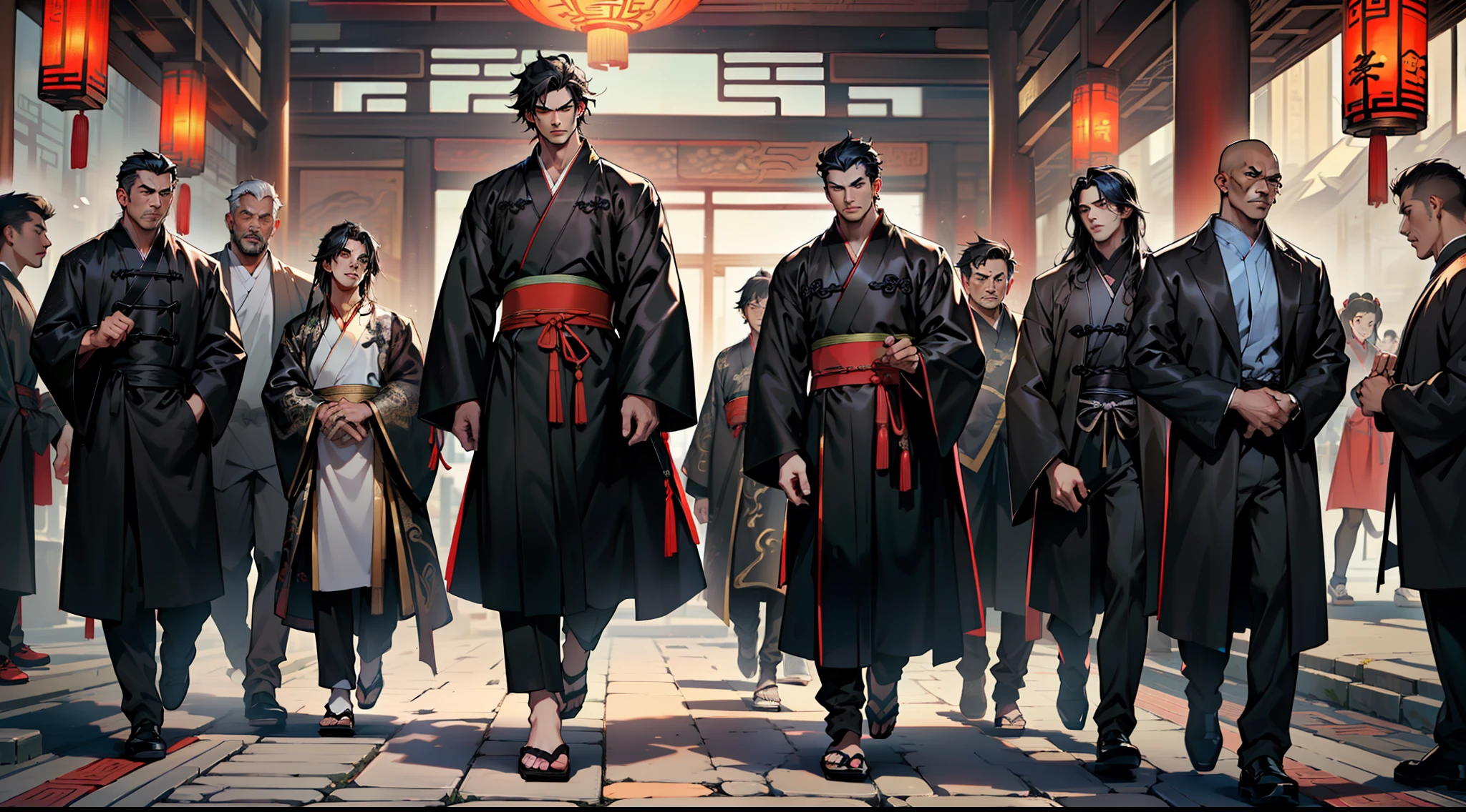 27, (many people) ( (((1boy))),(((aboy))).(((Black coat))),((Black Hanfu youth)),((black clothes)) , (((Black hair))), kingly air, gorgeous, handsome, outstanding temperamen, scolded angrily) (background: in the sacred, resplendent palace hall of ancient China).