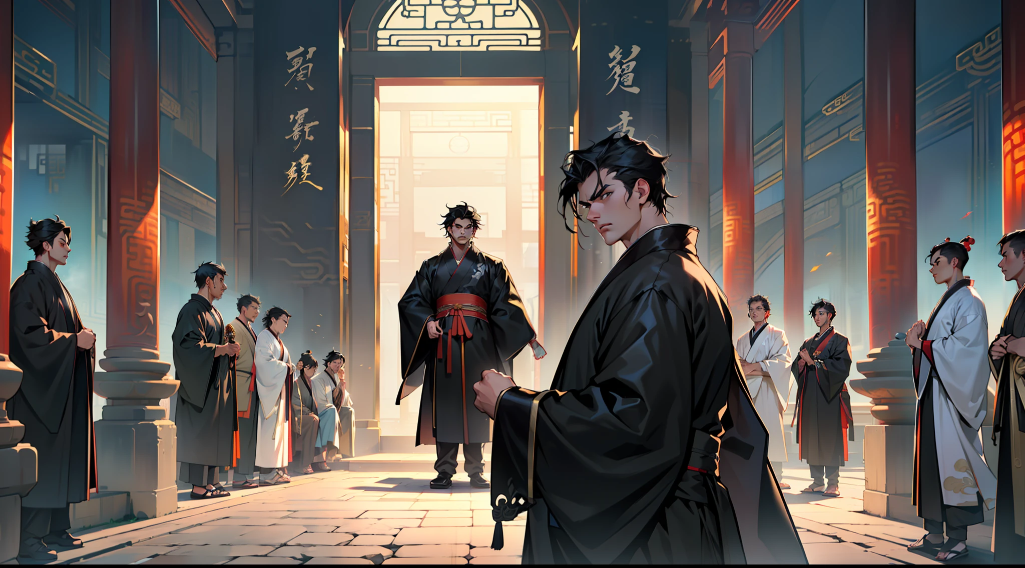 27, (many people) ( (((1boy))),(((aboy))).(((Black coat))),((Black Hanfu youth)),((black clothes)) , (((Black hair))), kingly air, gorgeous, handsome, outstanding temperamen, scolded angrily) (background: in the sacred, resplendent palace hall of ancient China).