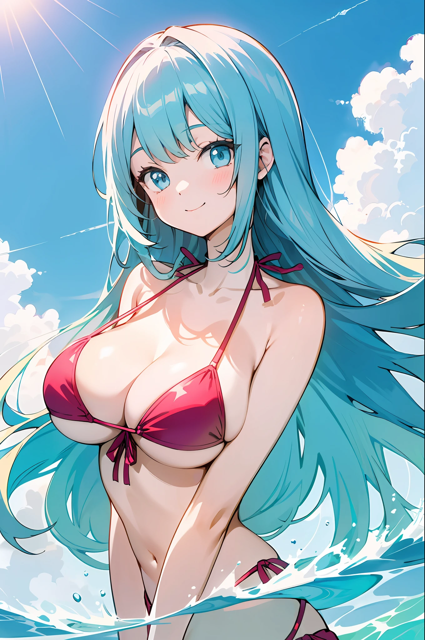 (Fine Illustration: 1.2), (Kawaii Girl: 1.0), (1girl, Solo:1.0), (Sky Blue Straight Long Hair: 1.0), (Bikini: 1.0), (Upper Body: 1.0), (Ultra Detailed, High Resolution, 4K:1.0), (Smile: 1.0) (Big Breasts: 1.0)