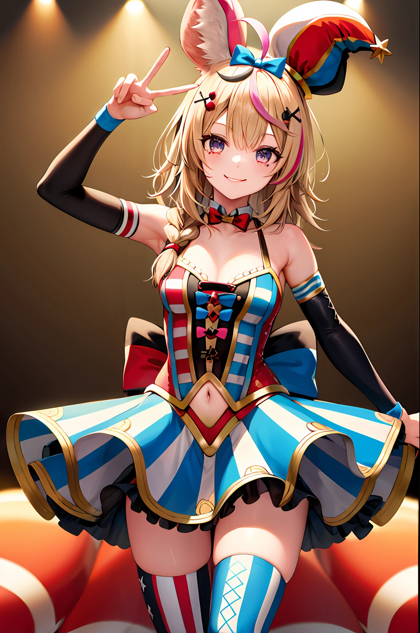 masterpiece, best quality, highres, op1, animal ears, hairclip, streaked hair, hair bow, jester cap, fox tail, thighhighs, navel cutout, mismatched legwear, elbow gloves, red glove, bare shoulders, vertical stripes, skirt, cowboy shot, standing, smile, circus, peace sign