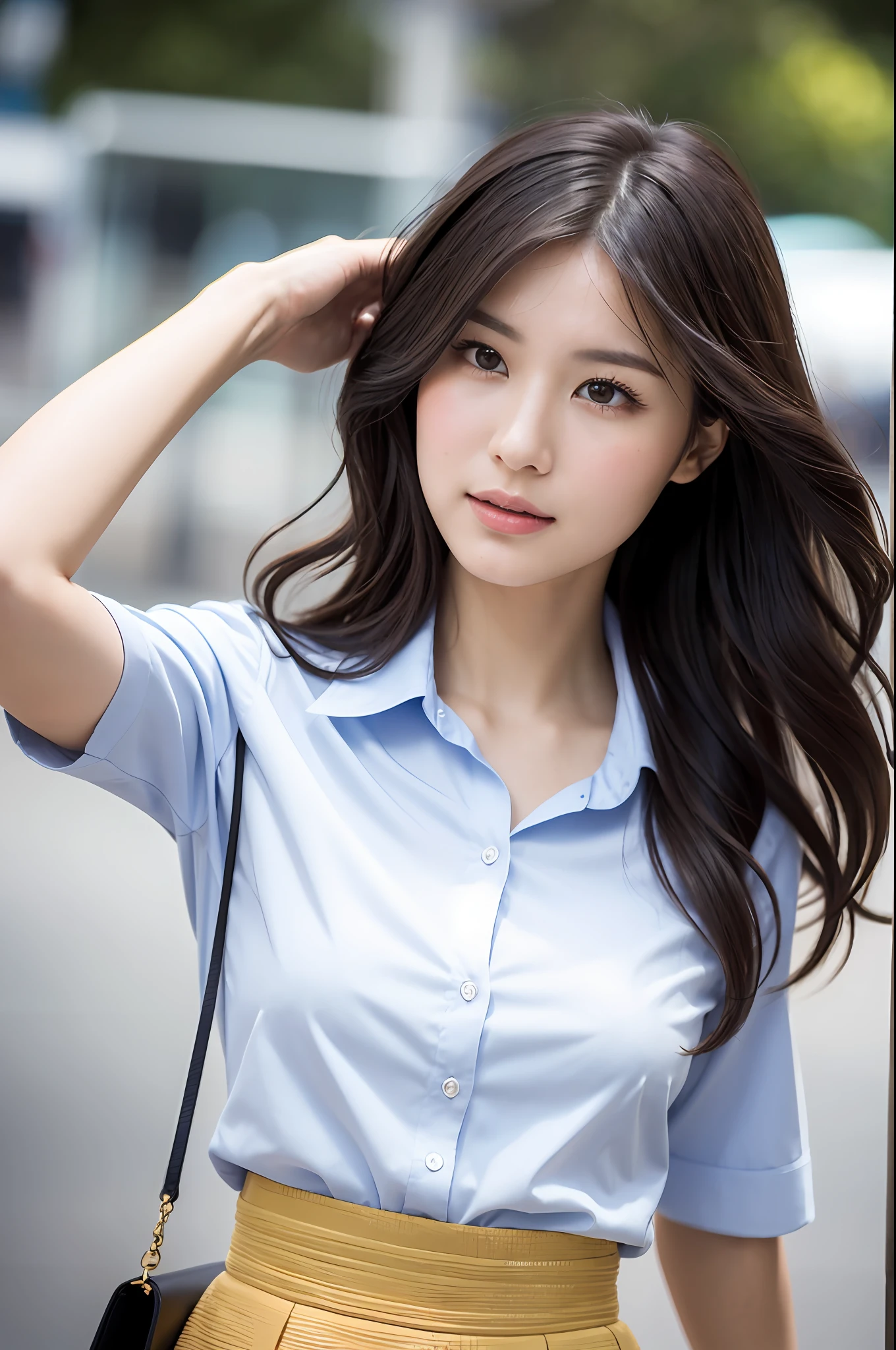 (Masterpiece: 1.3), (8k, Photorealistic, RAW Photo, Best Quality: 1.4), (1girl), Shallow depth of field, Face in focus, Soft focus, Beautiful face, (Backlight: 1.5), (Ambient: 1.3), (Realistic Face), (Black hair, Medium Short: 1.3), Hair with gentle waves, Hair that flutters and spreads in the wind, Hair behind is spread by the wind, short bangs, realistic eyes, dark brown pupils, highlights in pupils, beautiful detail eyes, (plenty of natural light), (realistic skin), beautiful skin, (blouse with white collar), (flared skirt), (pumps), watch, small handbag, light solid color pale wall surface and sky background, absurd, attractive, ultra high resolution, ultra realistic, high definition, golden ratio, Full body walking briskly during commute time, gesture of brushing up hair with hands, camera angle of long shot