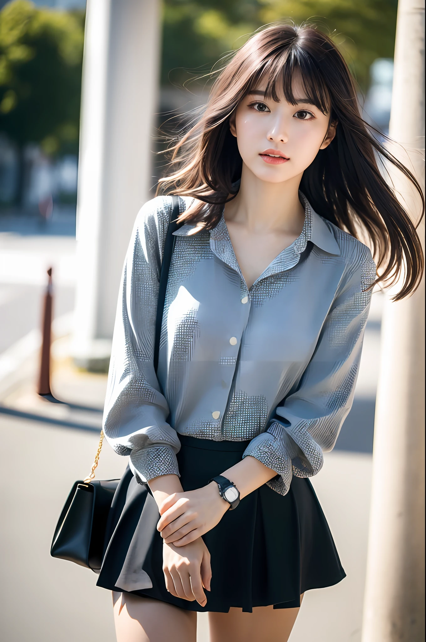 (Masterpiece: 1.3), (8k, Photorealistic, RAW Photo, Best Quality: 1.4), (1girl), Shallow depth of field, Face in focus, Soft focus, Beautiful face, (Backlight: 1.5), (Ambient: 1.3), (Realistic Face), (Black hair, Medium Short: 1.3), Hair with gentle waves, Hair that flutters and spreads in the wind, Hair behind is spread by the wind, short bangs, realistic eyes, dark brown pupils, highlights in pupils, beautiful detail eyes, (plenty of natural light), (realistic skin), beautiful skin, (blouse with white collar), (flared skirt), (pumps), watch, small handbag, light solid color pale wall surface and sky background, absurd, attractive, ultra high resolution, ultra realistic, high definition, golden ratio, Full body walking briskly during commute time, gesture of brushing up hair with hands, camera angle of long shot