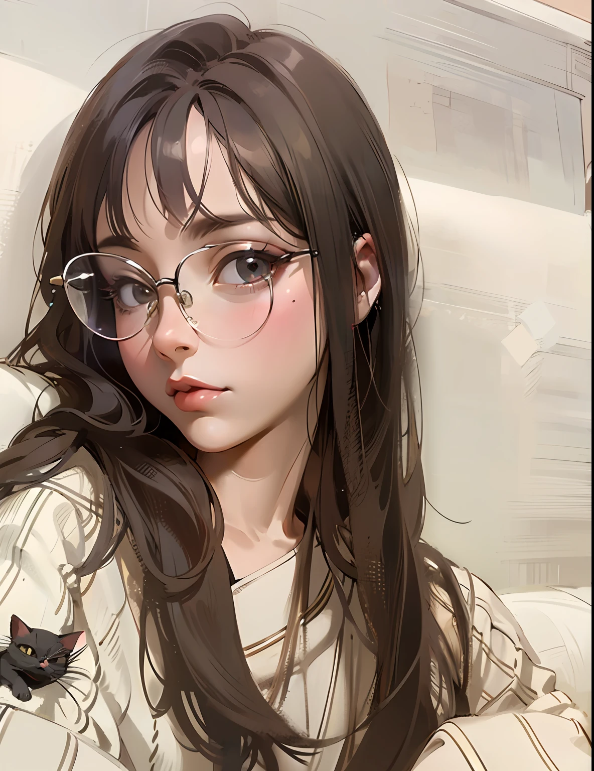 Arad woman lying in bed with glasses and cat brooch, wearing thin large round glasses, ((glasses)), urzan, glasses glasses, with glasses, large round glasses, transparent glasses, thin round glasses, Yoshitomo Nara, glasses without frames, wearing small round glasses, ((slightly closed right eye)), slender eyelashes,