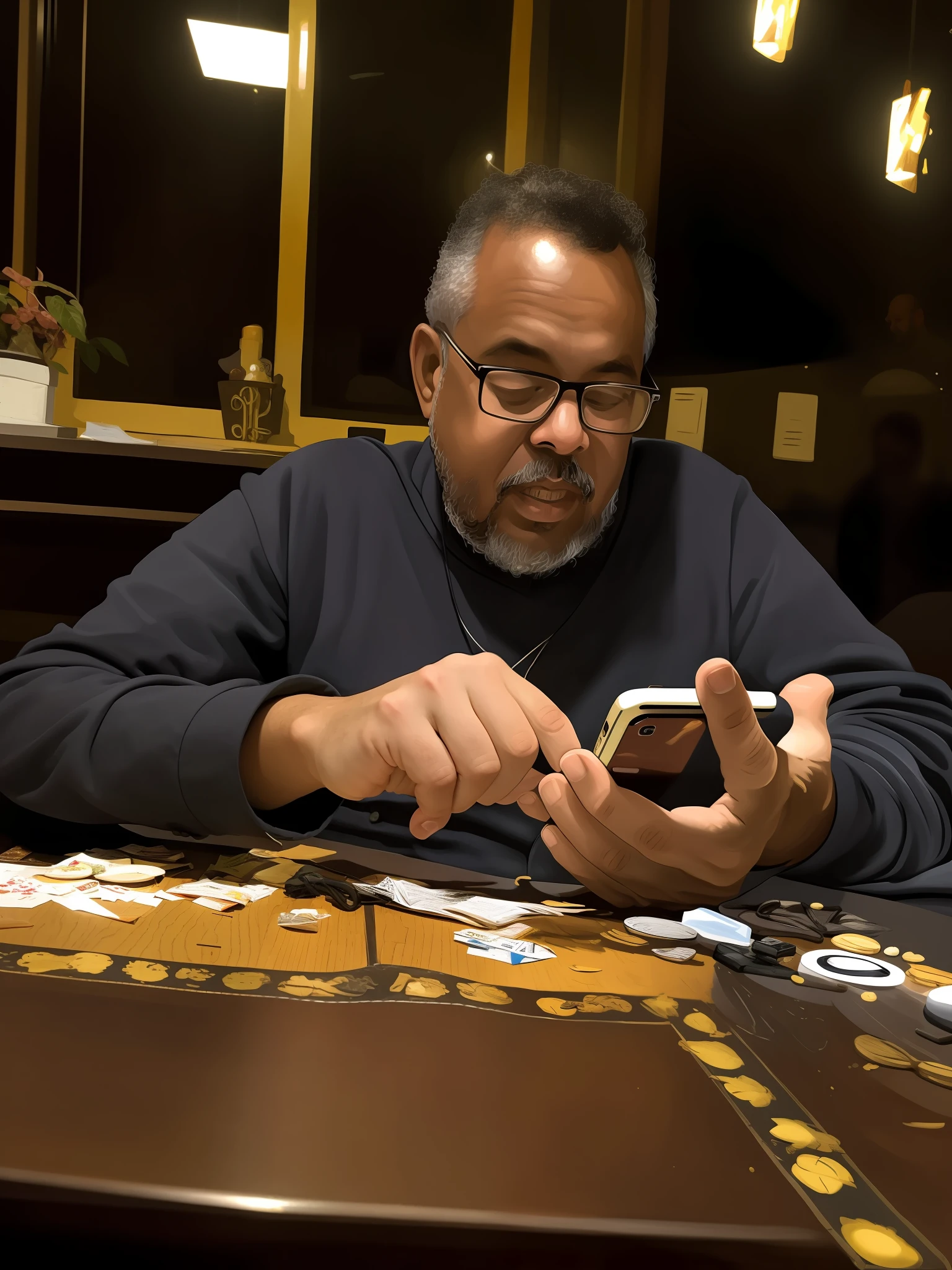 there is a man sitting at a table with a cell phone, looking at his phone, inspired by Francis Souza, henrique alvim corrêa, by Ramón Silva, lawther sit at table playing dnd, by Robert Combas, inspired by Antônio Parreiras, ástor alexander, holding a very advance phone