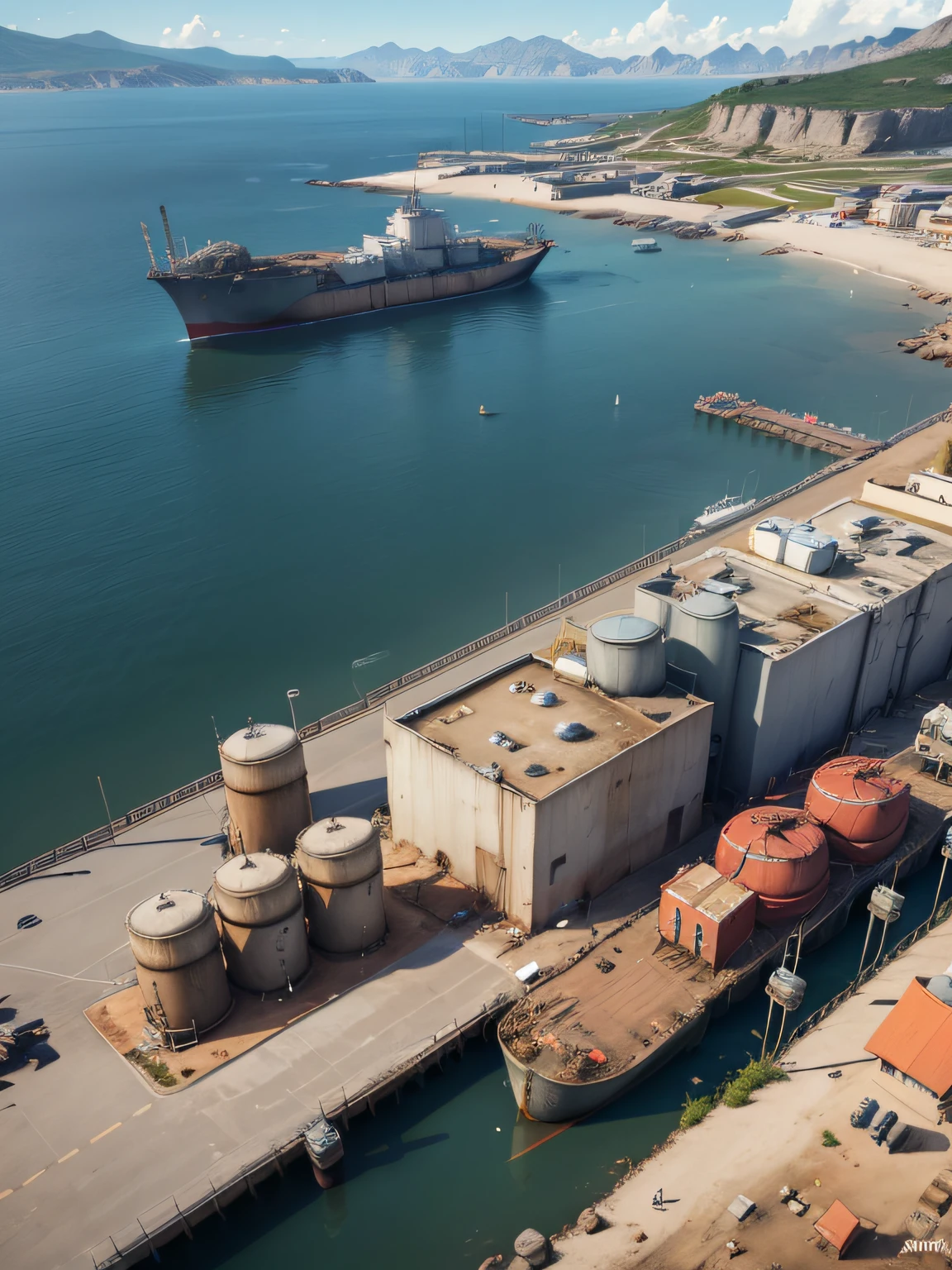 Horizontal view, Arafak - game is a good place, in-game graphics, military harbor, chrome military base, strategy game, post-apocalyptic theme park, post-apocalyptic harbor with lots of oil storage tanks, gantry crane,