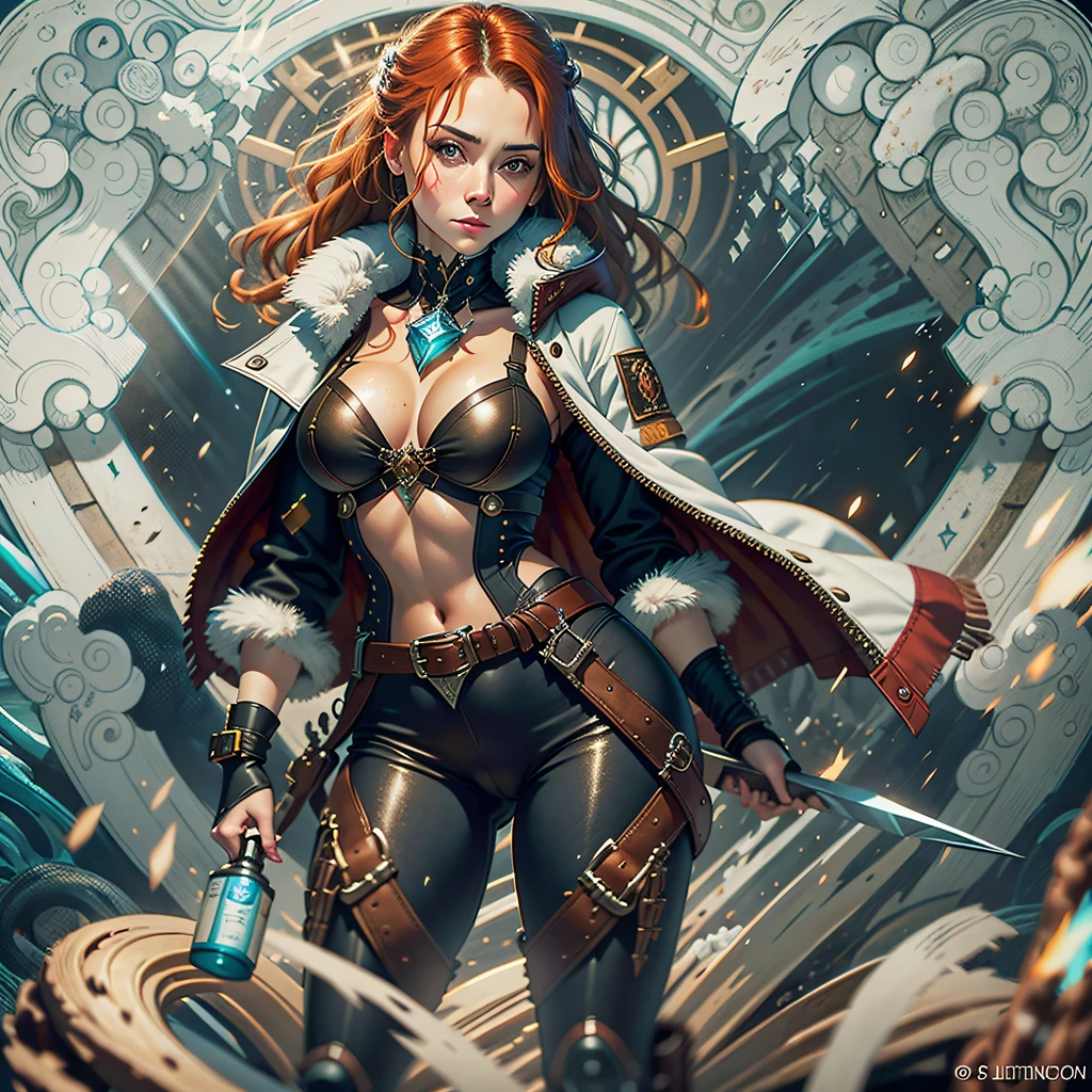 beautiful ginger women in detailed full body length lather pirate's suit, long lather pants, lather jacket, air above hair, IPA award wining, masterpiece, ultimate lighting, art by top 5 artstation artists, spectacular view, chromatic aberration, glaring lather, ambient occlusion, bouncing lights, sharp focus, sharp contrast, best backlighting,