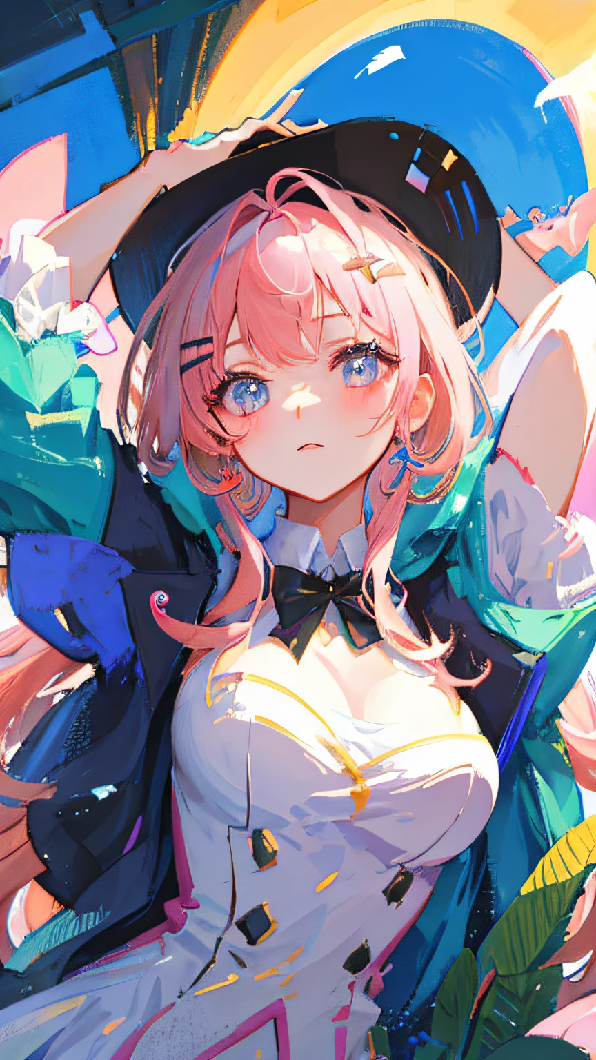 Masterpiece, best quality, super detailed, illustration, (1 girl), beautiful meticulous eyes, looking at the viewer, close-up, (breast focus), (arm behind: 1.2), pink hair, shyness, rabbit hairpin, nudity