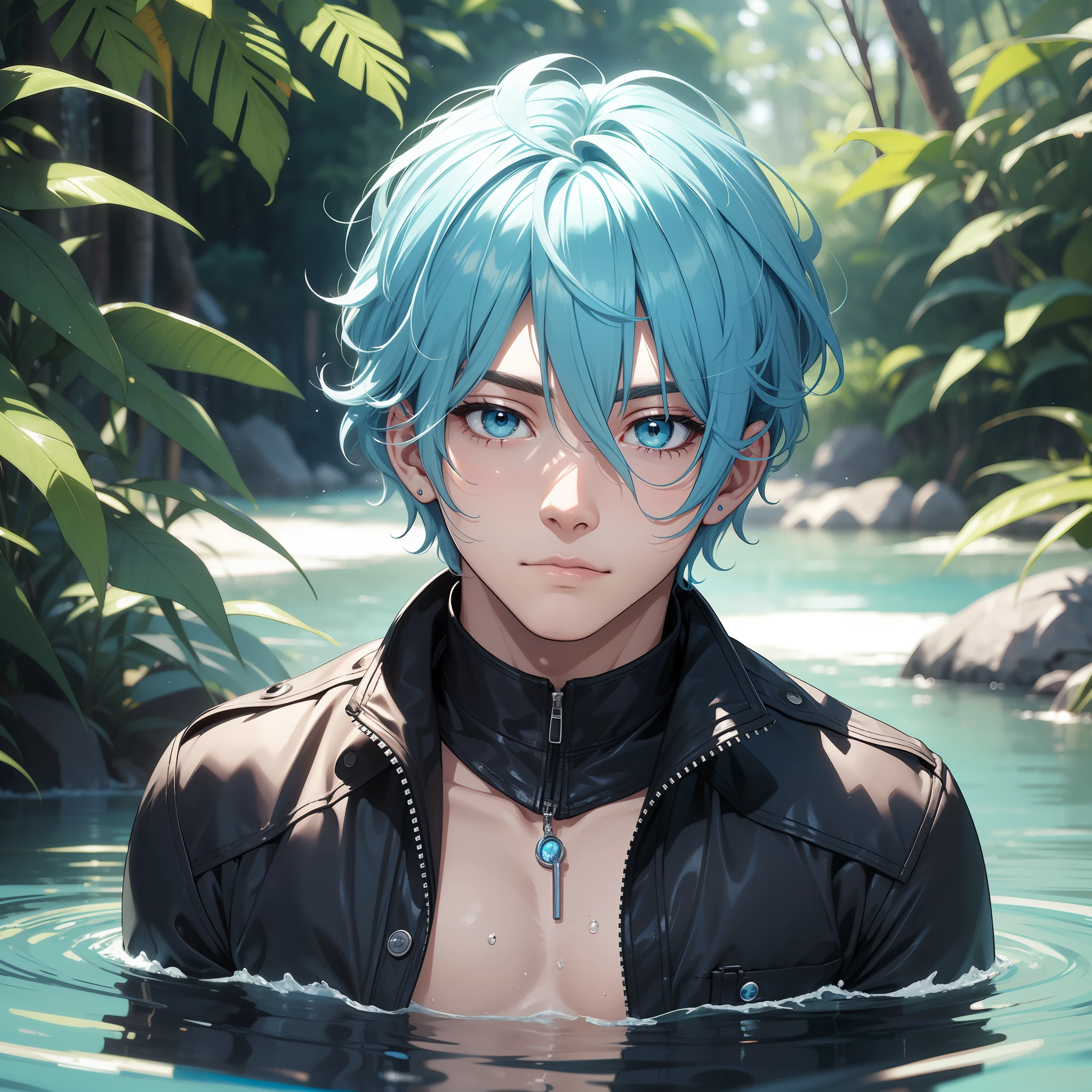 Light blue hair, water-colored eyes, beautiful, male, male, young adult, looking at camera, kind, 4k, good quality