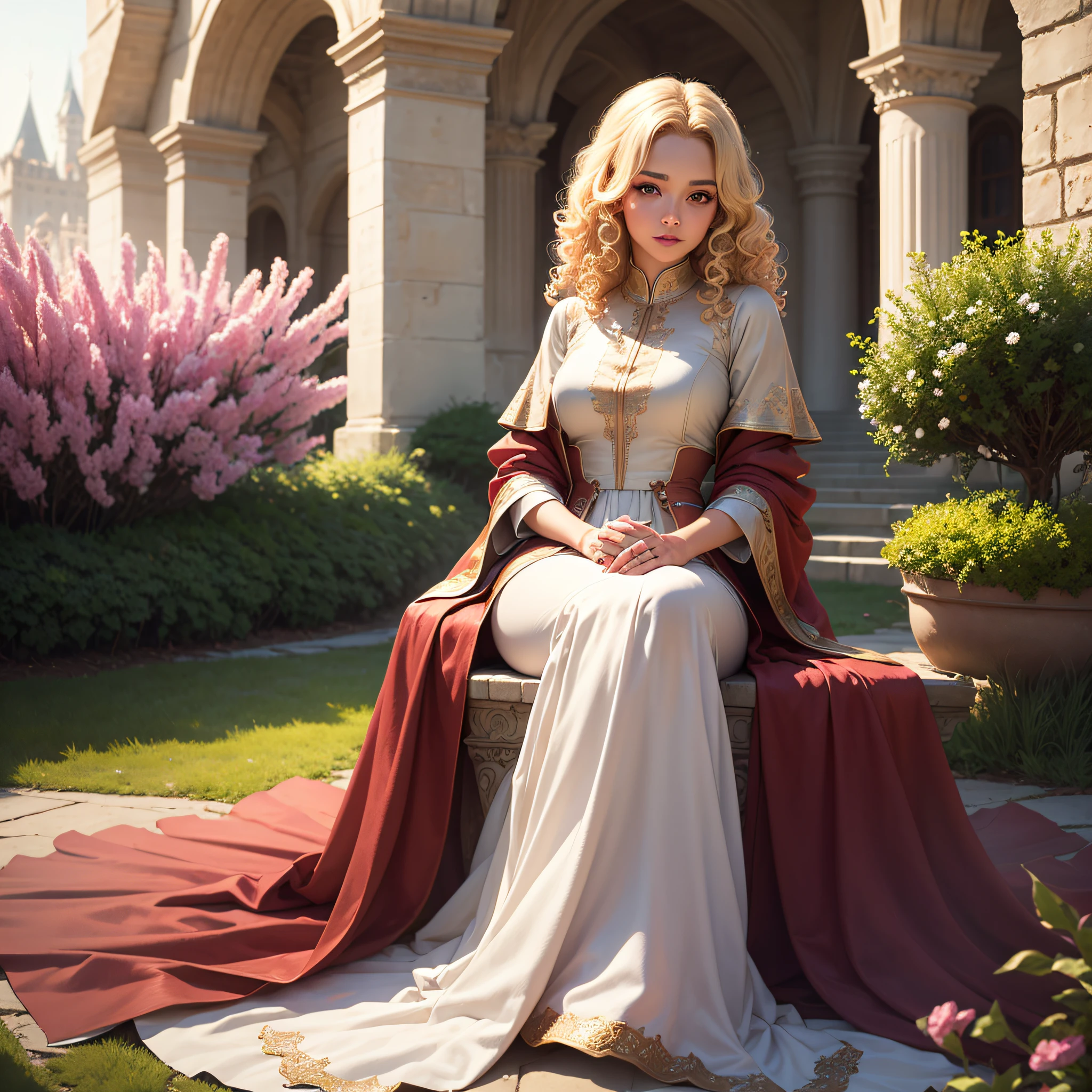princess with blonde curly hair, with a flushed face, sparkling brown eyes, silk clothes, sitting in a flowering garden in the background of a magical castle, high quality image, realistic --auto