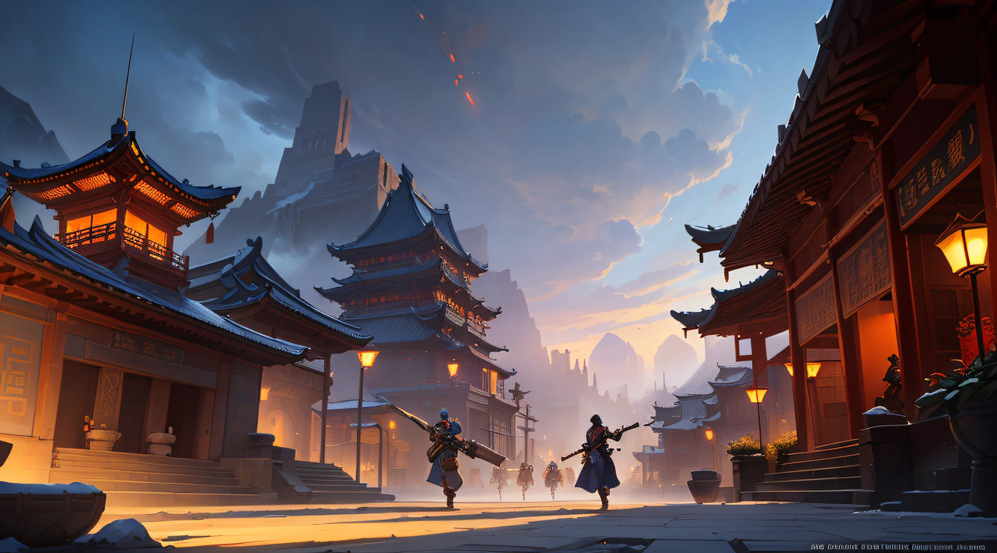 (((Vista)) Ancient Chinese city gate, a row of city walls, an arch in the middle, the empty field under the city gate occupies one-third of the picture, soldiers are attacking the city, low buildings, the city wall is up to two stories high, night, dark tones, large perspective, looking up, super large wide angle, fist game concept art, Rossdraws global lighting, Ross Tran. Landscape background, painting concept art, Ross Tran and Bayard Wu, painting as game concept art, League of Legends concept art, stylized concept art, Blizzard Hearthstone concept art, Overwatch sojourn, architectural details texture clear, perspective correct, ancient Chinese architecture, distant mountains, Chinese architecture in the distance