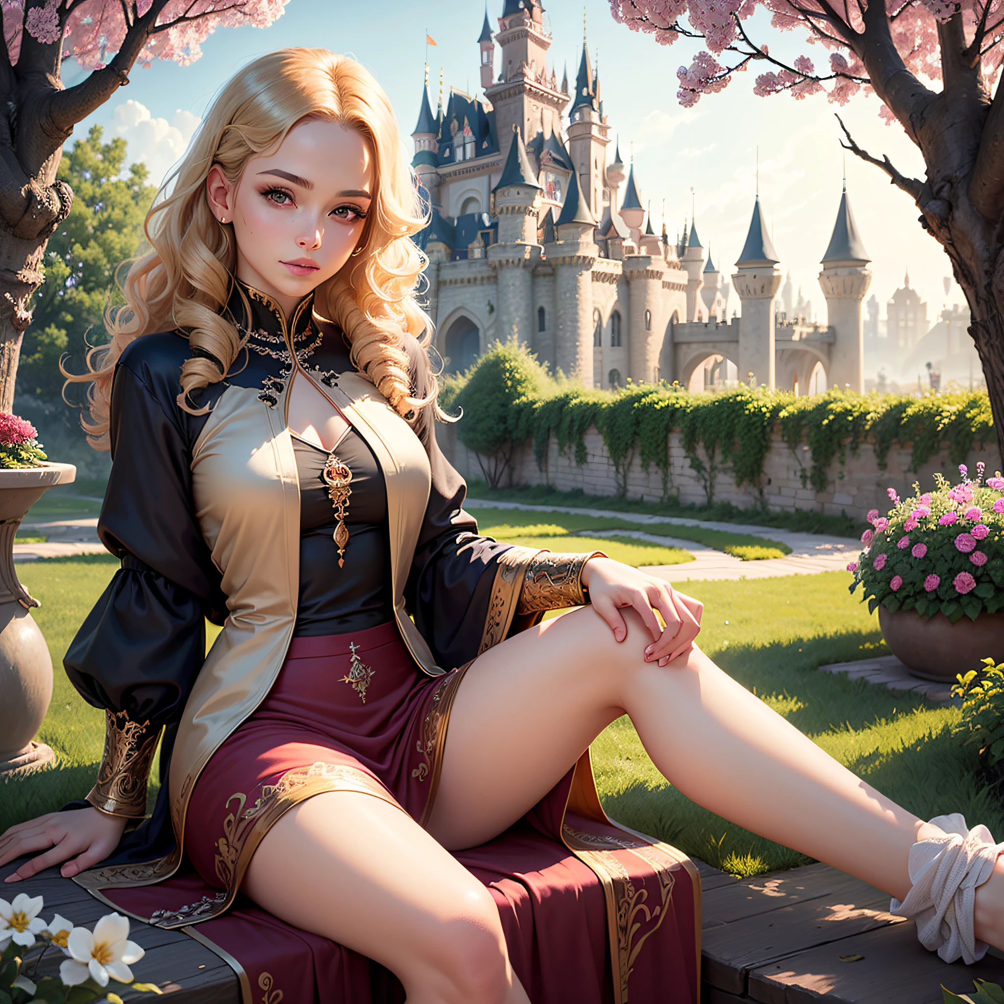 princess with blonde curly hair, with a flushed face, sparkling brown eyes, silk clothes, sitting in a flowering garden in the background of a magical castle, high quality image, realistic --auto
