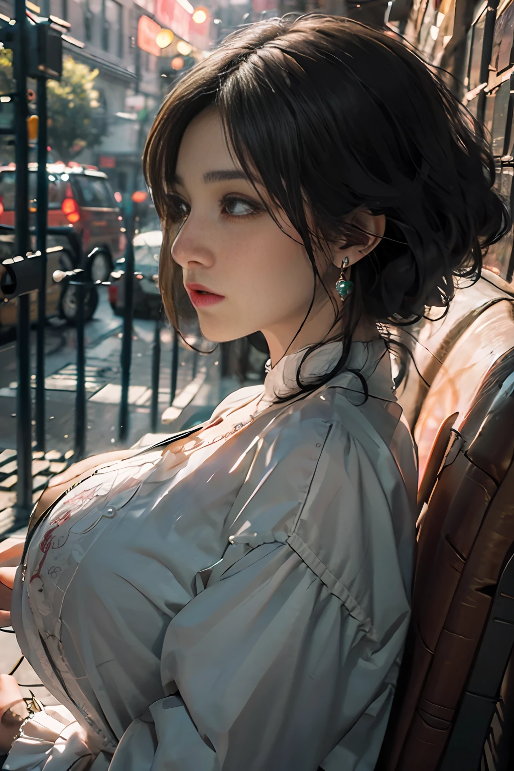 Best Quality, Masterpiece, Ultra High Resolution, (Realistic: 1.4) 1 Girl, beautiful_face, Detailed Skin, Side Seat, Full Body, Jade Fire Tree, Jewelry, Solo, Earrings, (Fire: 1.3), Blur, Realistic, Lips,